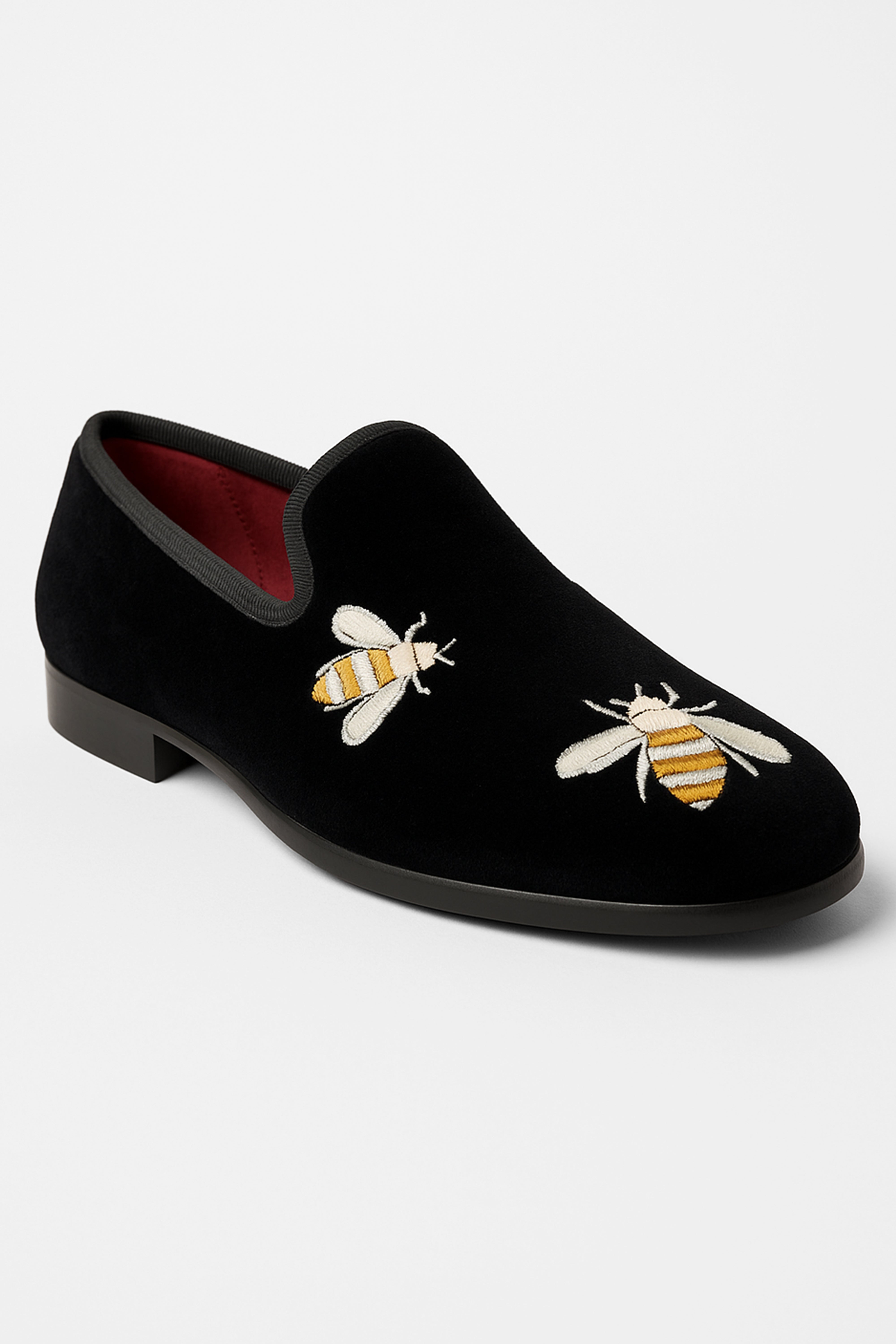 Boys Velvet Bee Embroidered Slip On Loafers - Black Side Picture