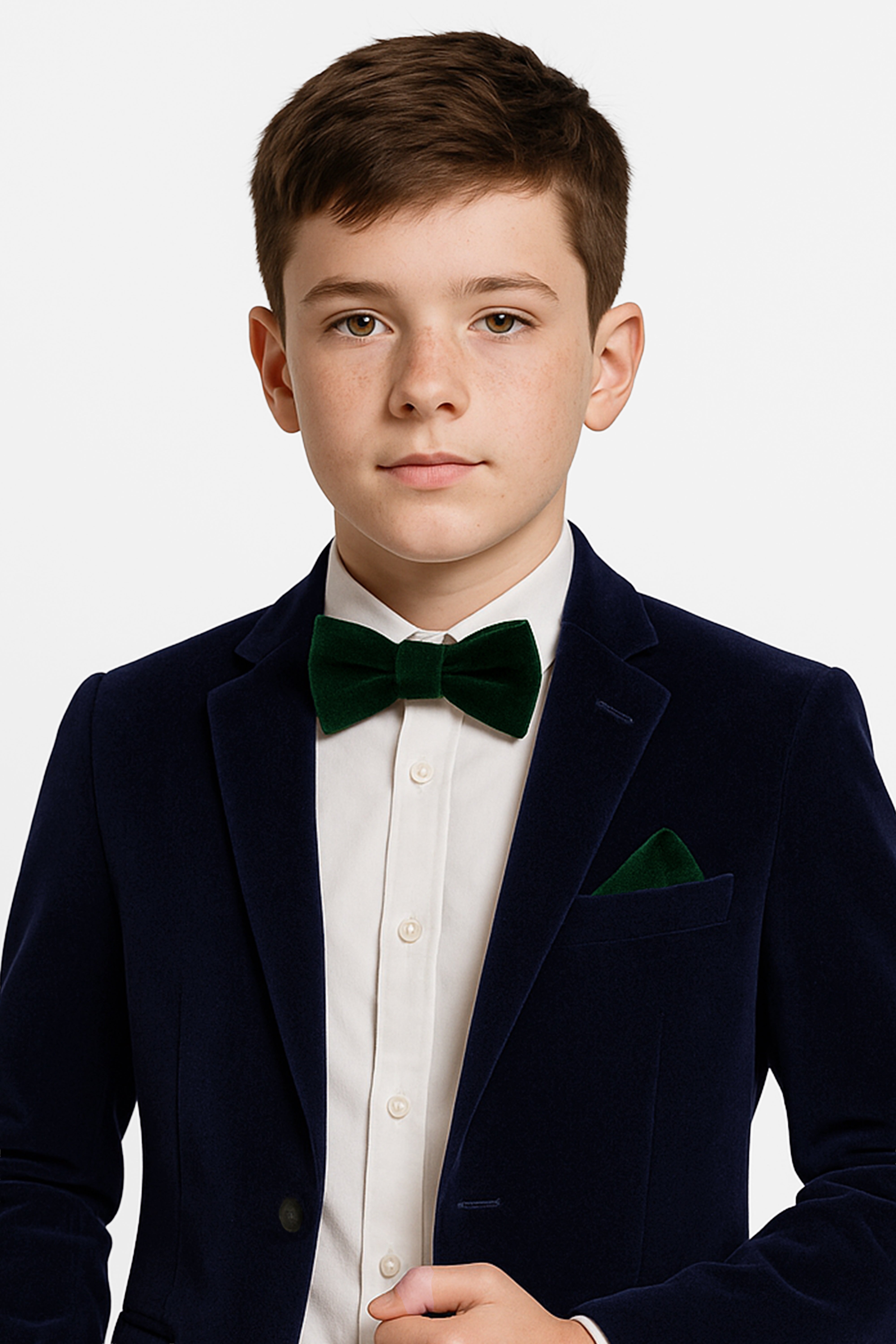 Boys Velvet Dickie Bow Tie & Handkerchief Set - Savoy - Green Model Picture