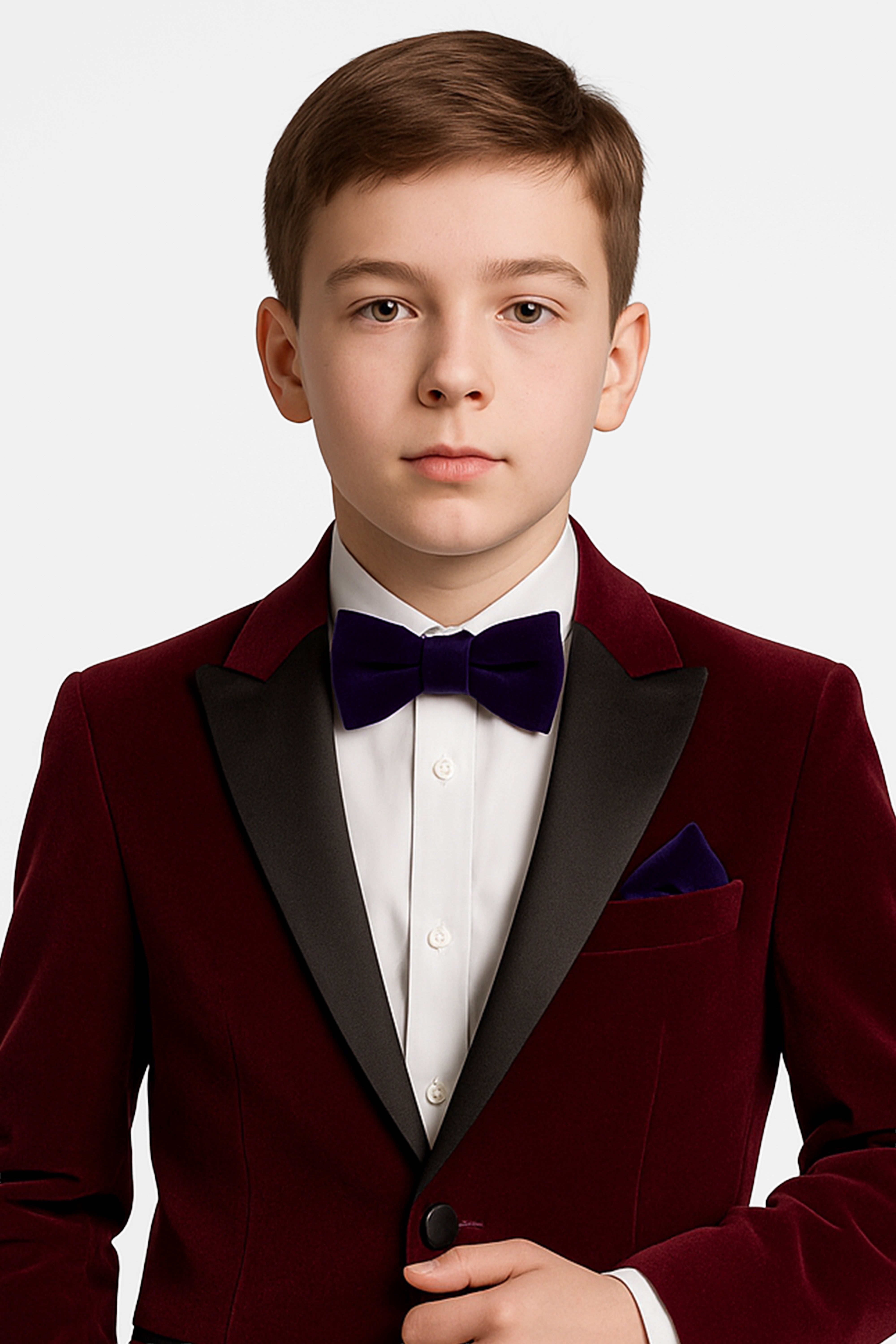 Boys Velvet Dickie Bow Tie & Handkerchief Set - Savoy - Purple Model Picture