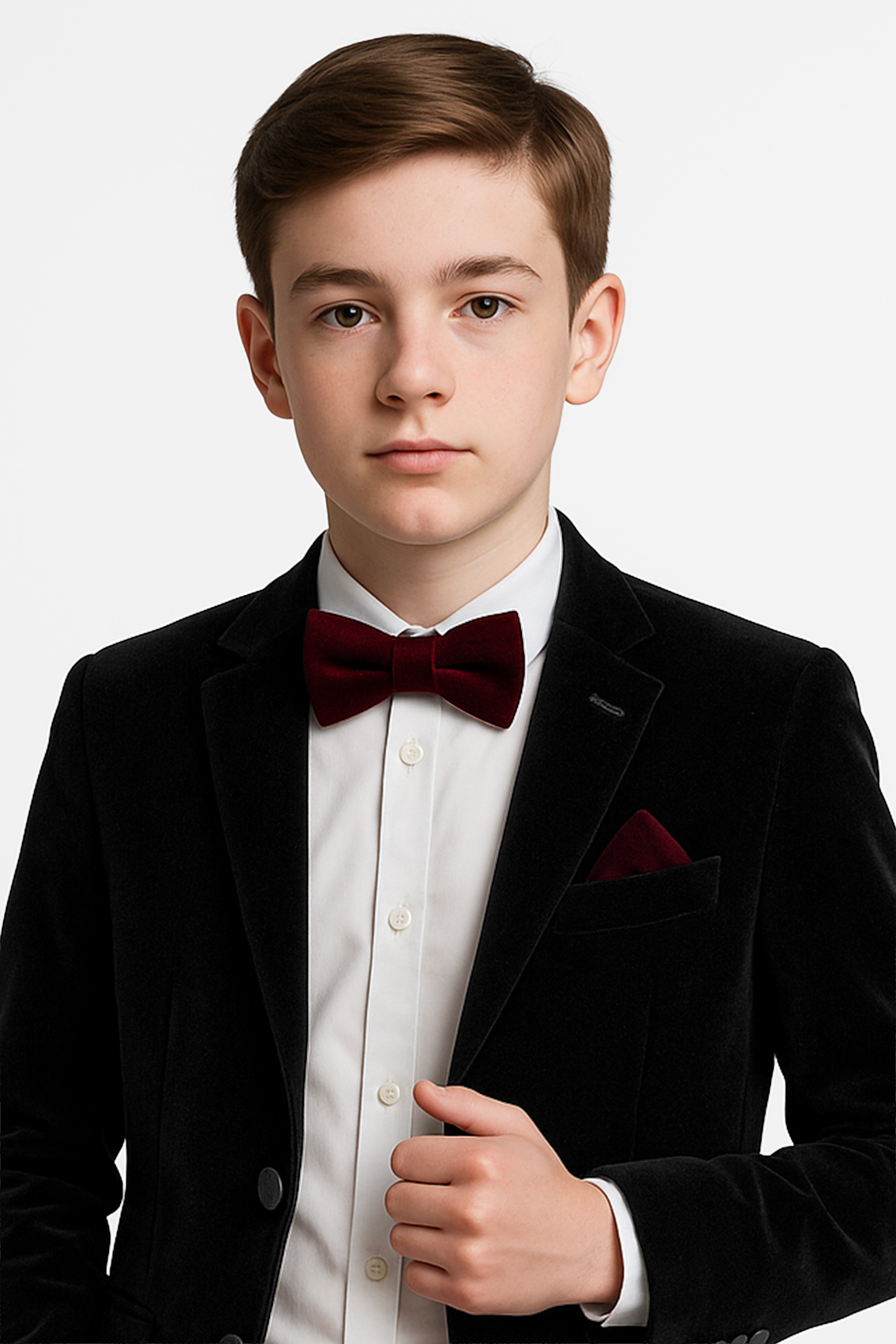 Boys Velvet Dickie Bow Tie & Handkerchief Set - Savoy - Wine Model Picture