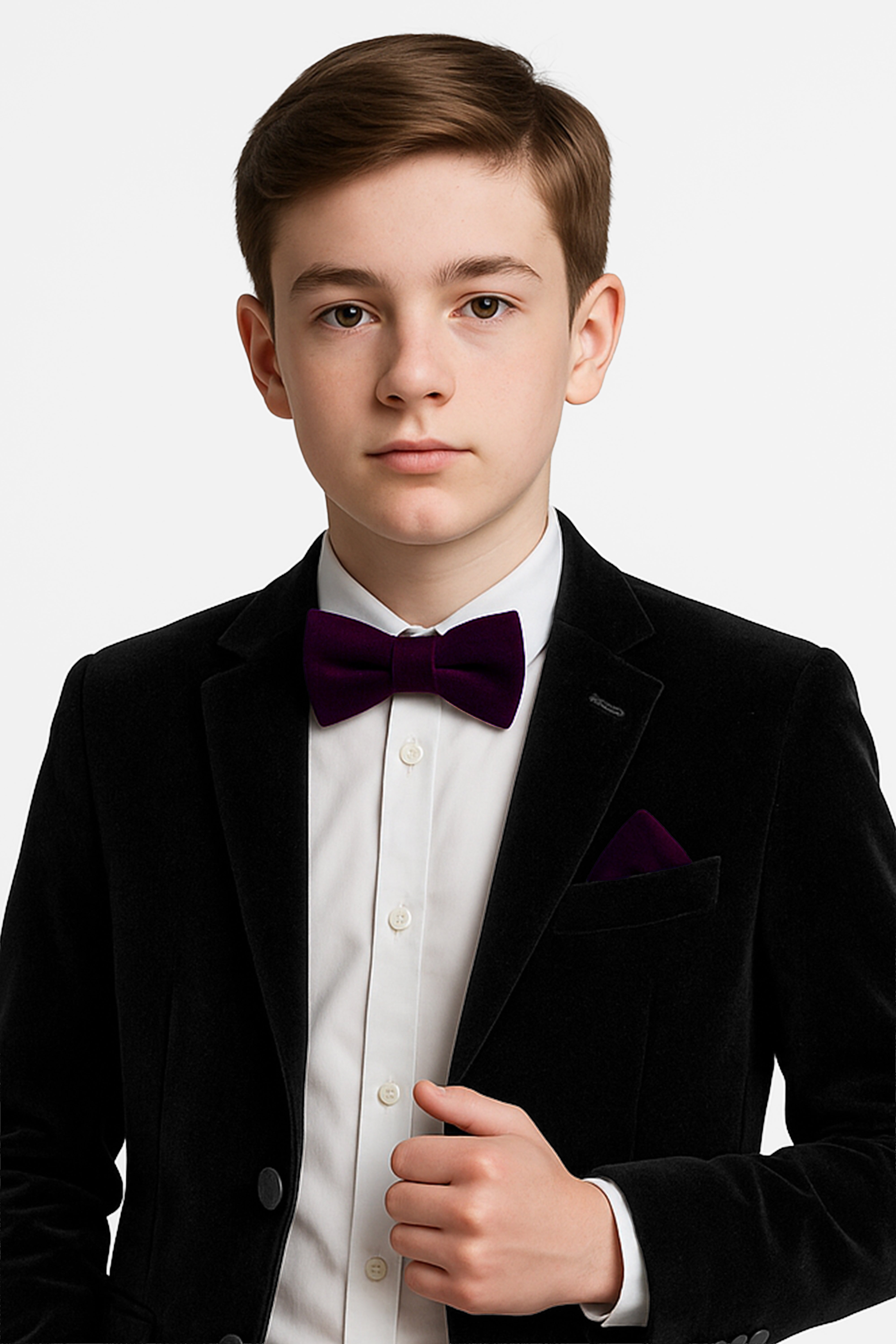 Boys Velvet Dickie Bow Tie & Handkerchief Set - Savoy - Wine Model Picture