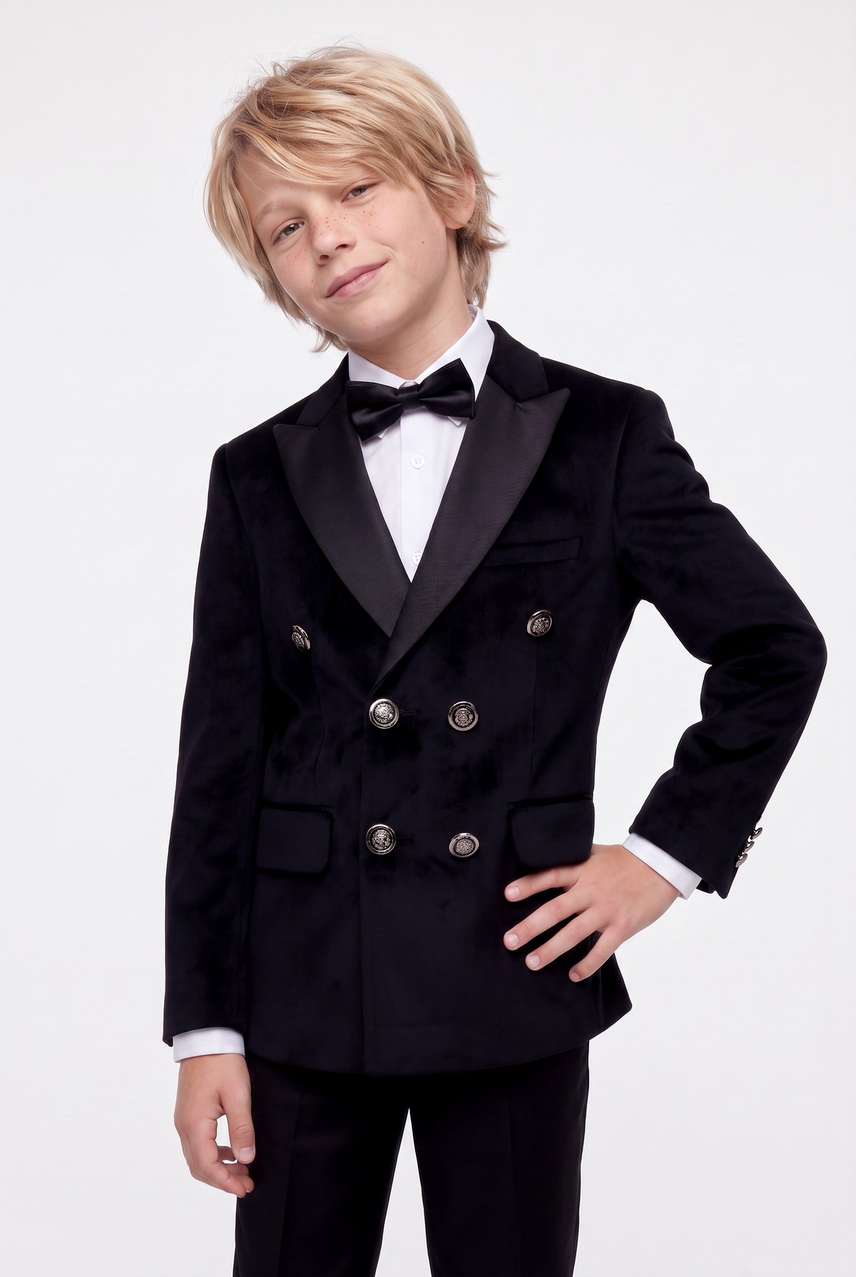 Boys Velvet Double Breasted Dinner Jacket - Black Model Front Picture