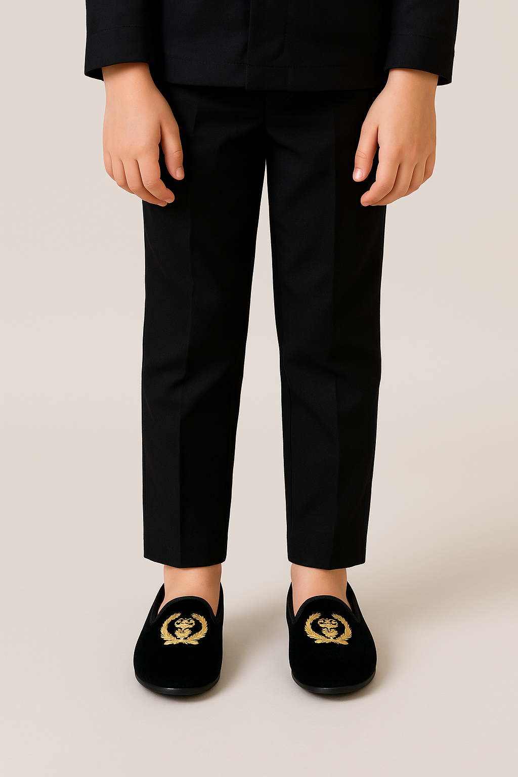 Boys Velvet Gold Crest Loafer Shoes - Ezra - Black Model Picture