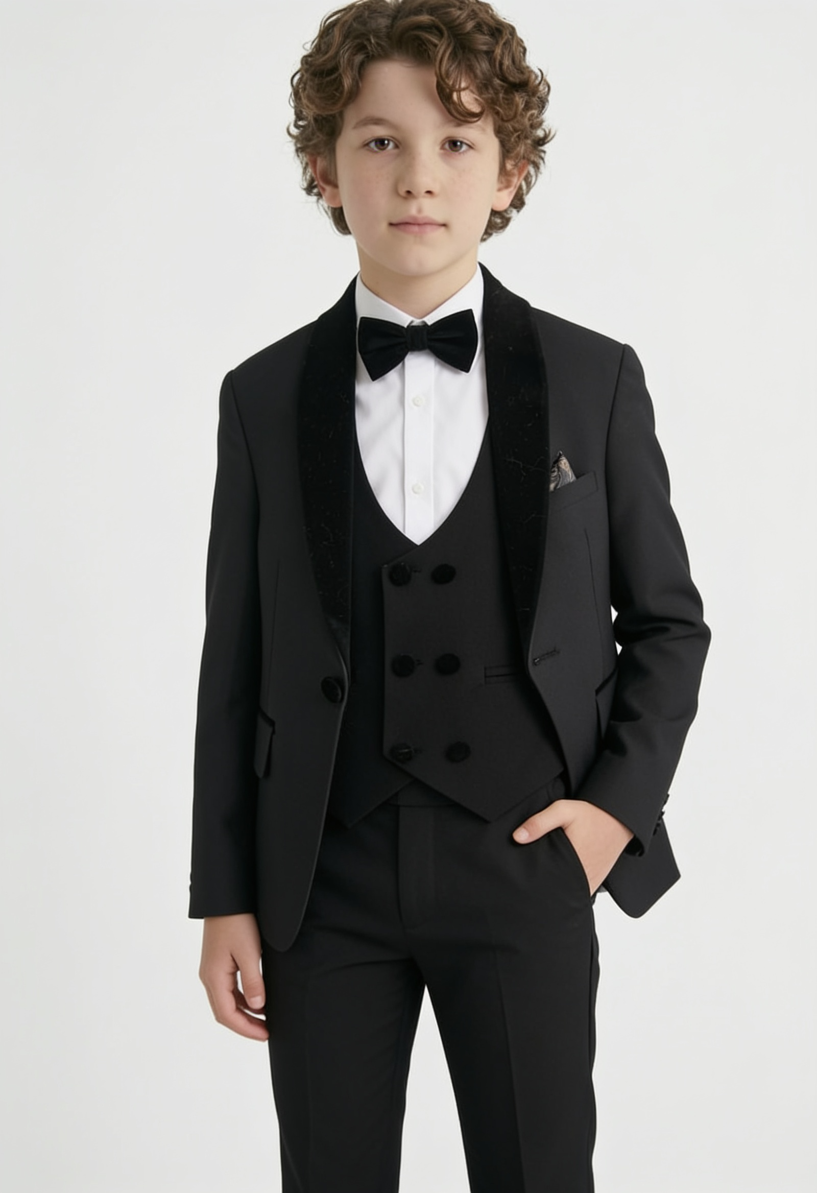Boys Velvet Shawl Collar Tuxedo Suit - 4-Piece & 5-Piece  in Black