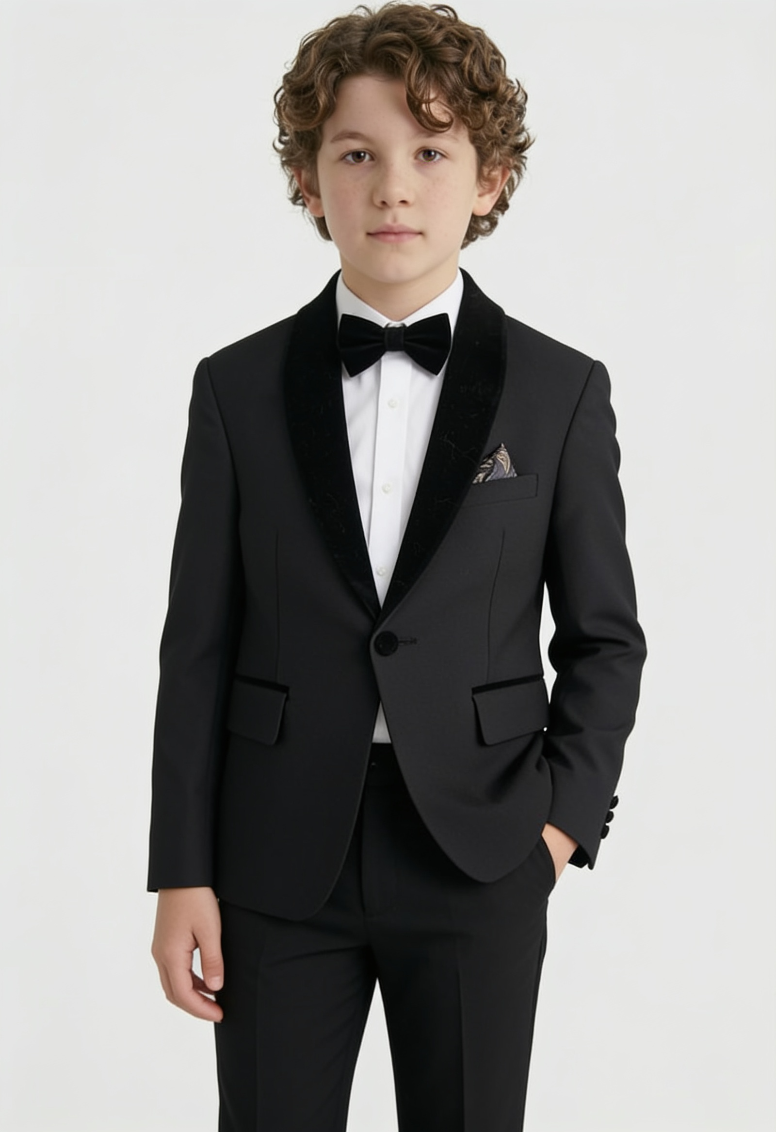 Boys Velvet Shawl Collar Tuxedo Suit - 4-Piece & 5-Piece  in Black