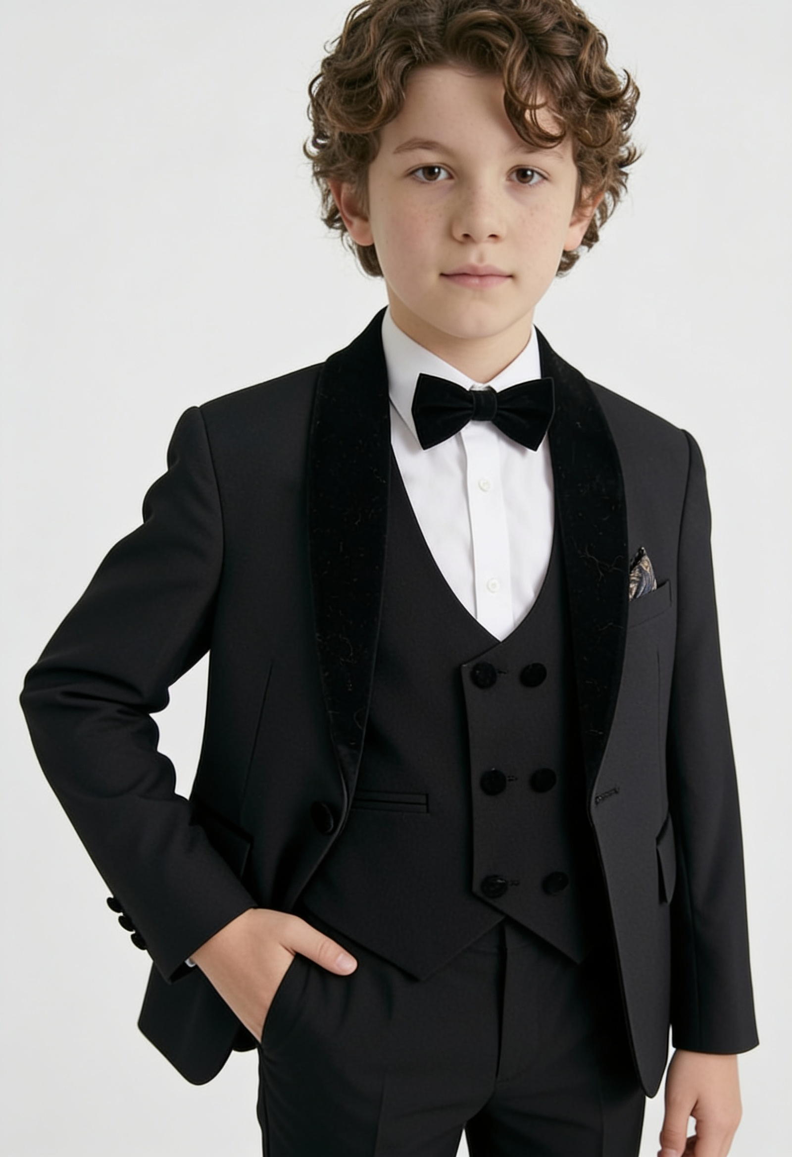 Boys Velvet Shawl Collar Tuxedo Suit - 4-Piece & 5-Piece  in Black