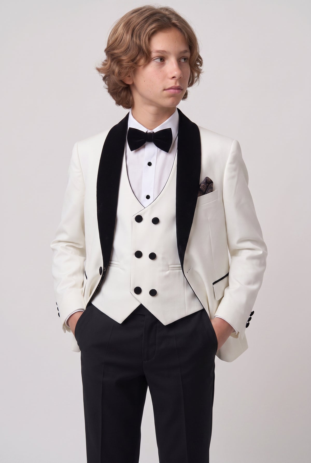 Boys Velvet Shawl Collar Tuxedo Suit - 4-Piece & 5-Piece in Ivory Model Picture
