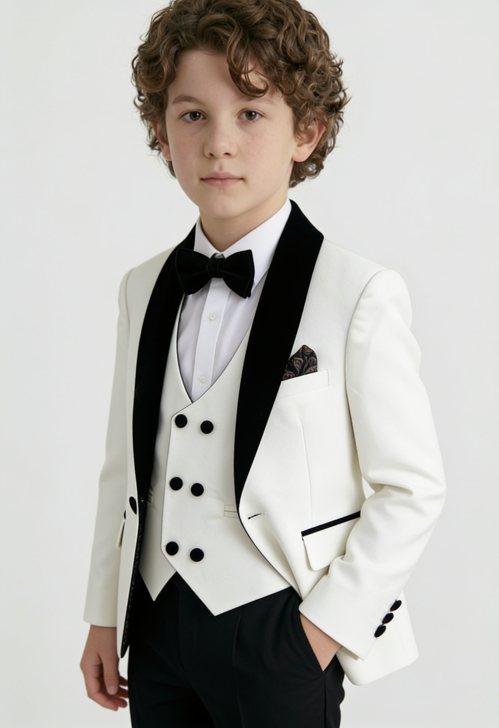 Boys Velvet Shawl Collar Tuxedo Suit - 4-Piece & 5-Piece in Ivory