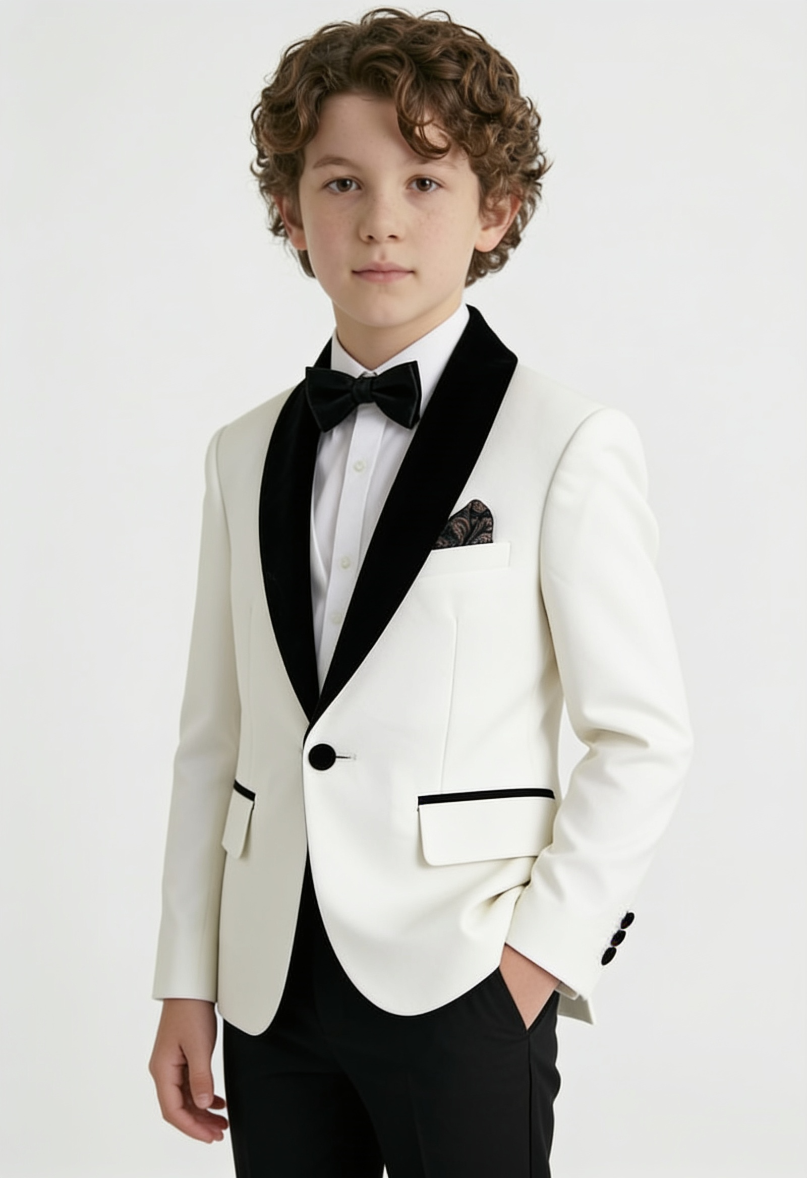 Boys Velvet Shawl Collar Tuxedo Suit - 4-Piece & 5-Piece in Ivory