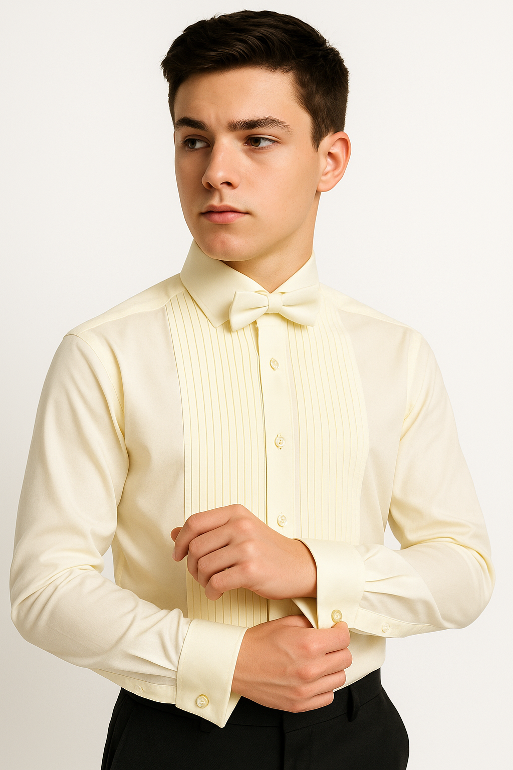 Boys Wing Collar Pleated Ivory Shirt - Cream - Ivory