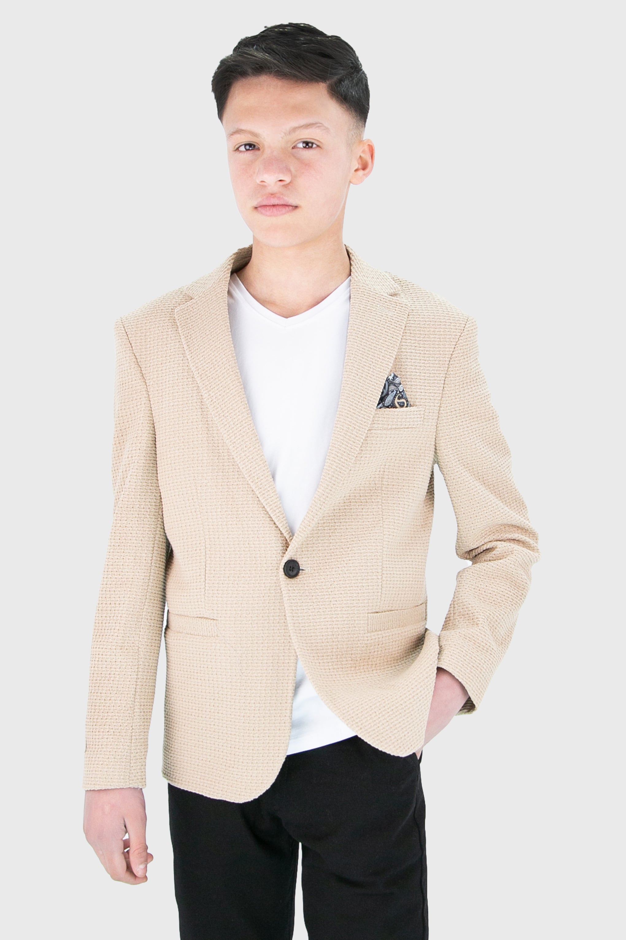 Boys’ 2-Piece Piqué Weave Textured Suit - Rodrigo - Beige Model Picture