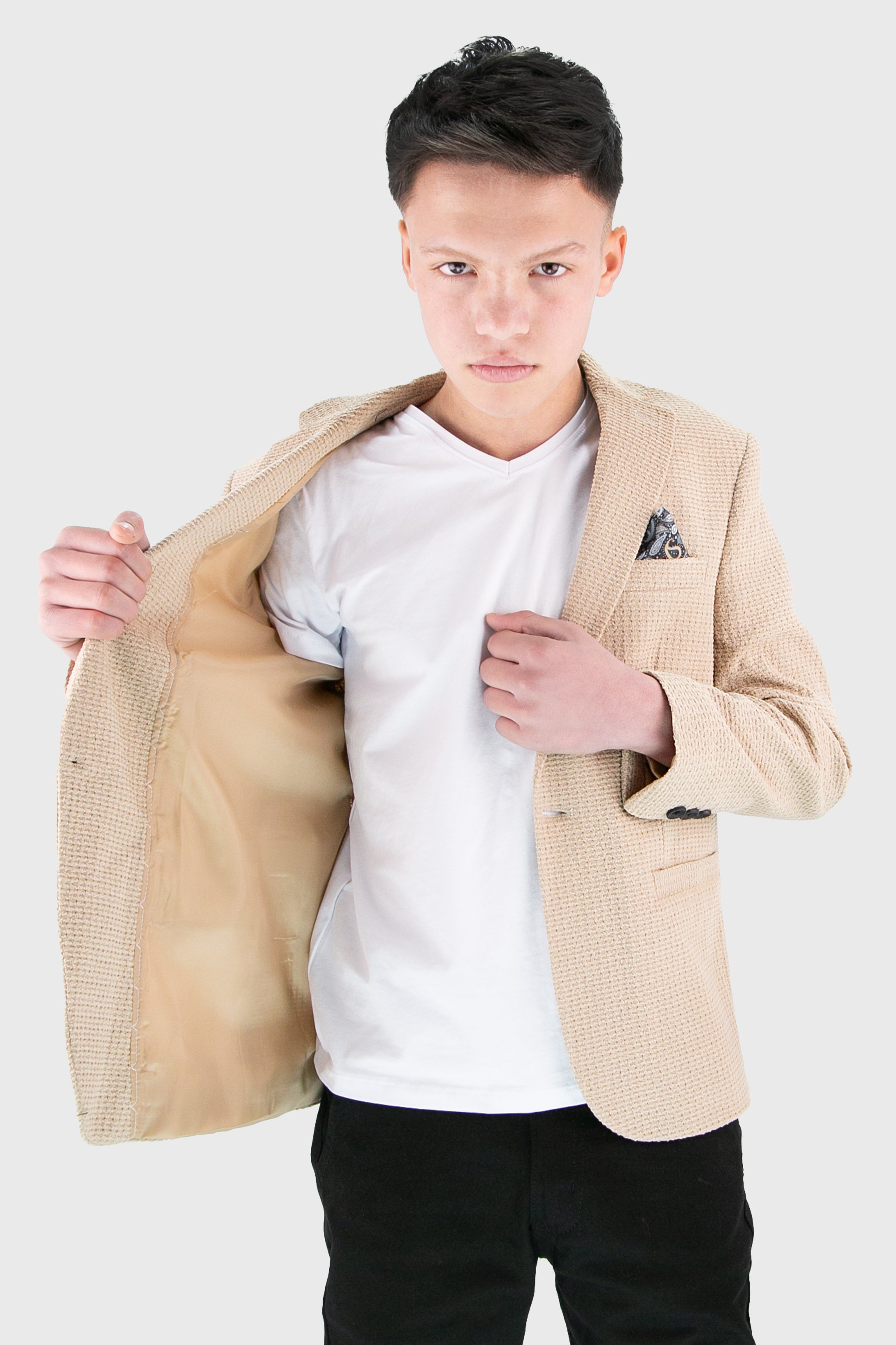 Boys’ 2-Piece Piqué Weave Textured Suit - Rodrigo - Beige Linning Picture