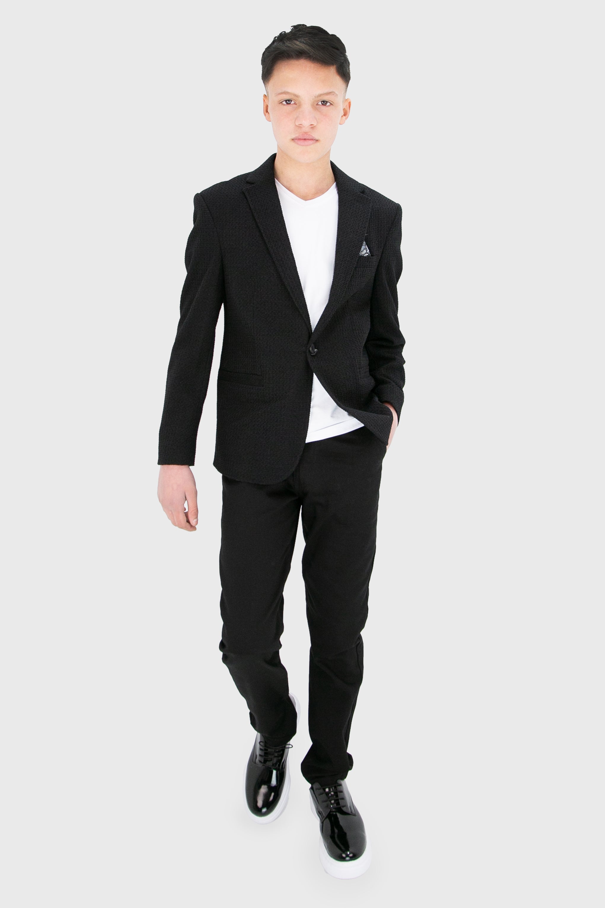 Boys’ 2-Piece Piqué Weave Textured Suit - Rodrigo - Black Model Front Picture