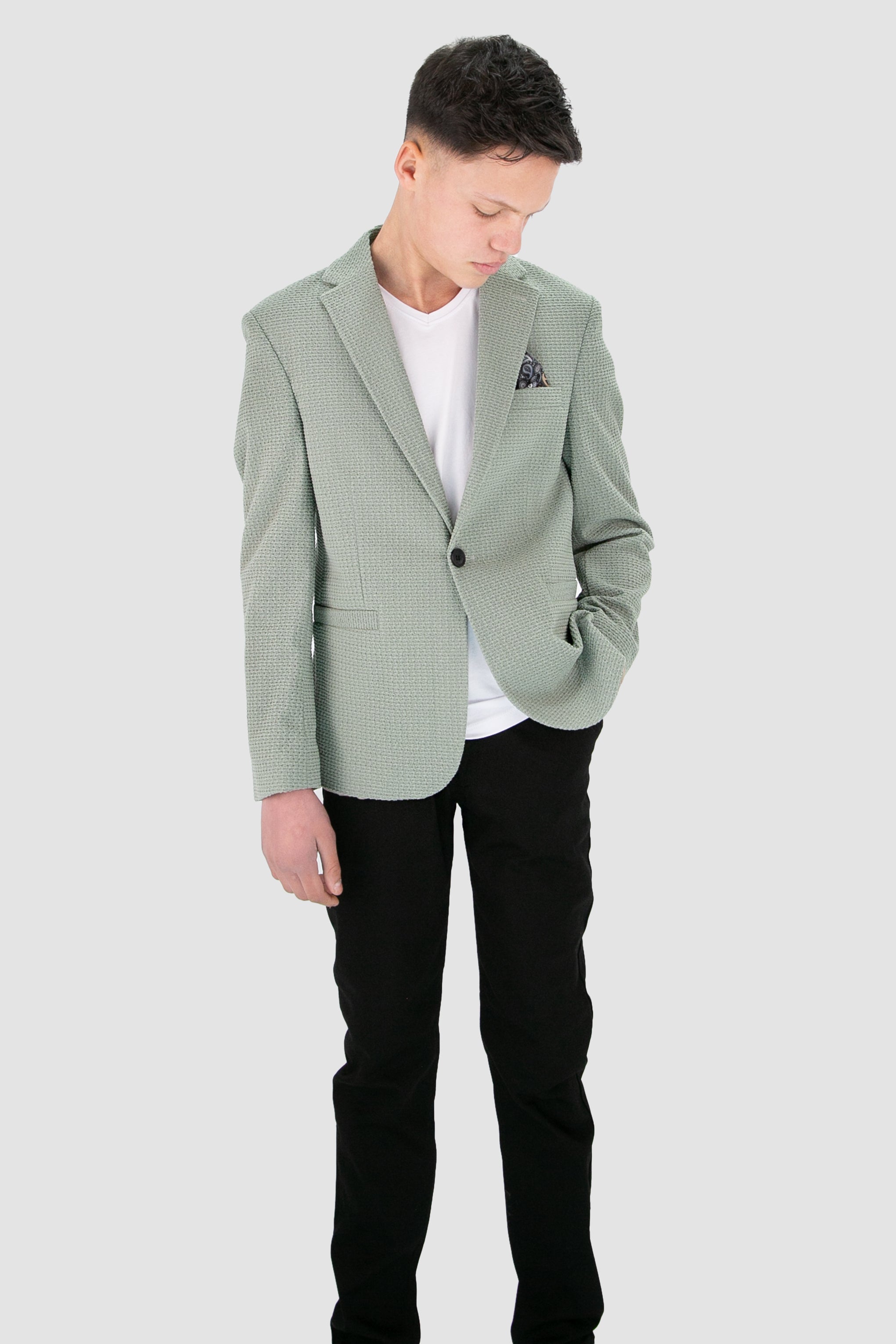 Boys’ 2-Piece Piqué Weave Textured Suit - Rodrigo - Green  Model Front Picture