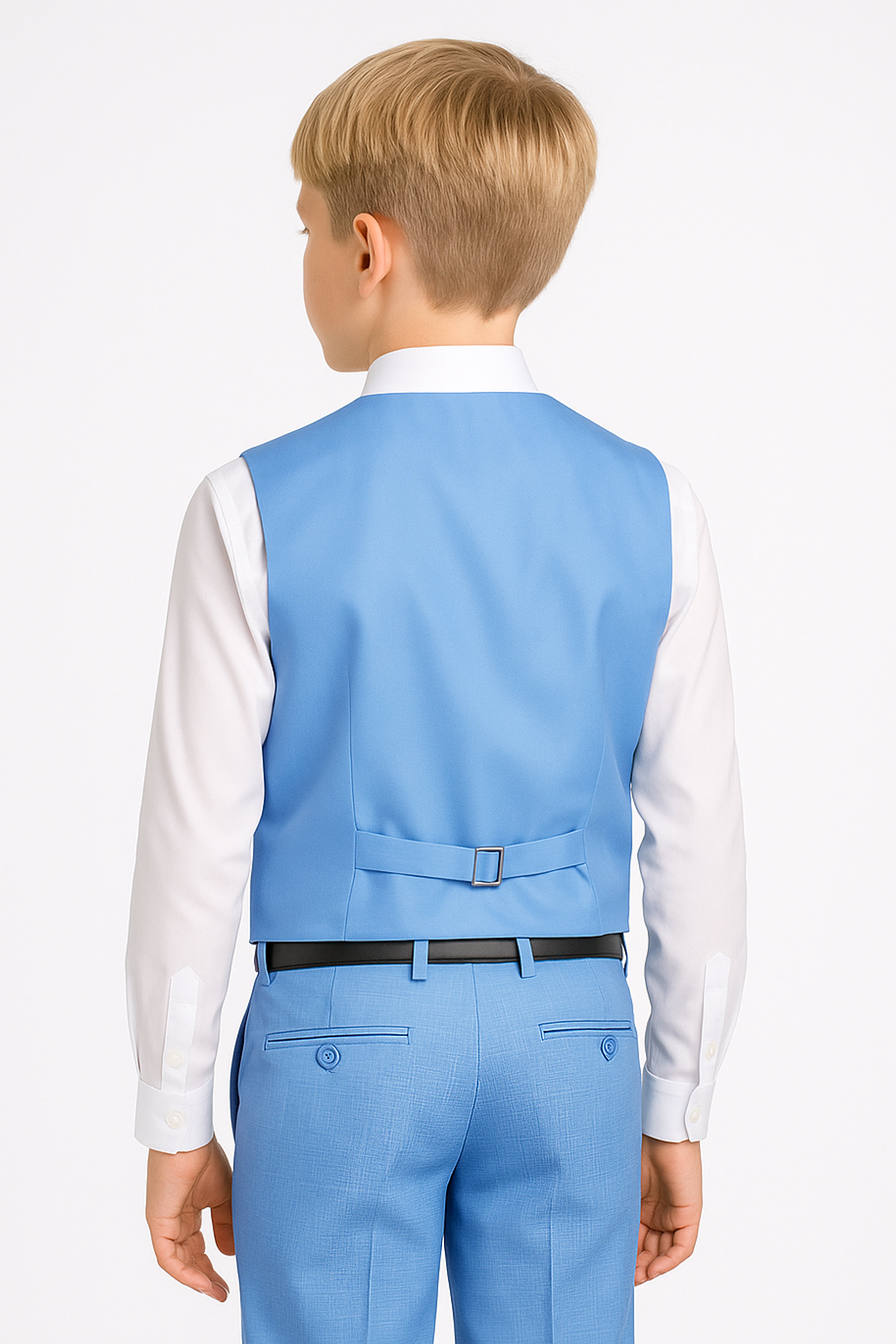 Boys’ 3-Piece Blue Textured Suit with Double Breasted Waistcoat Back Picture