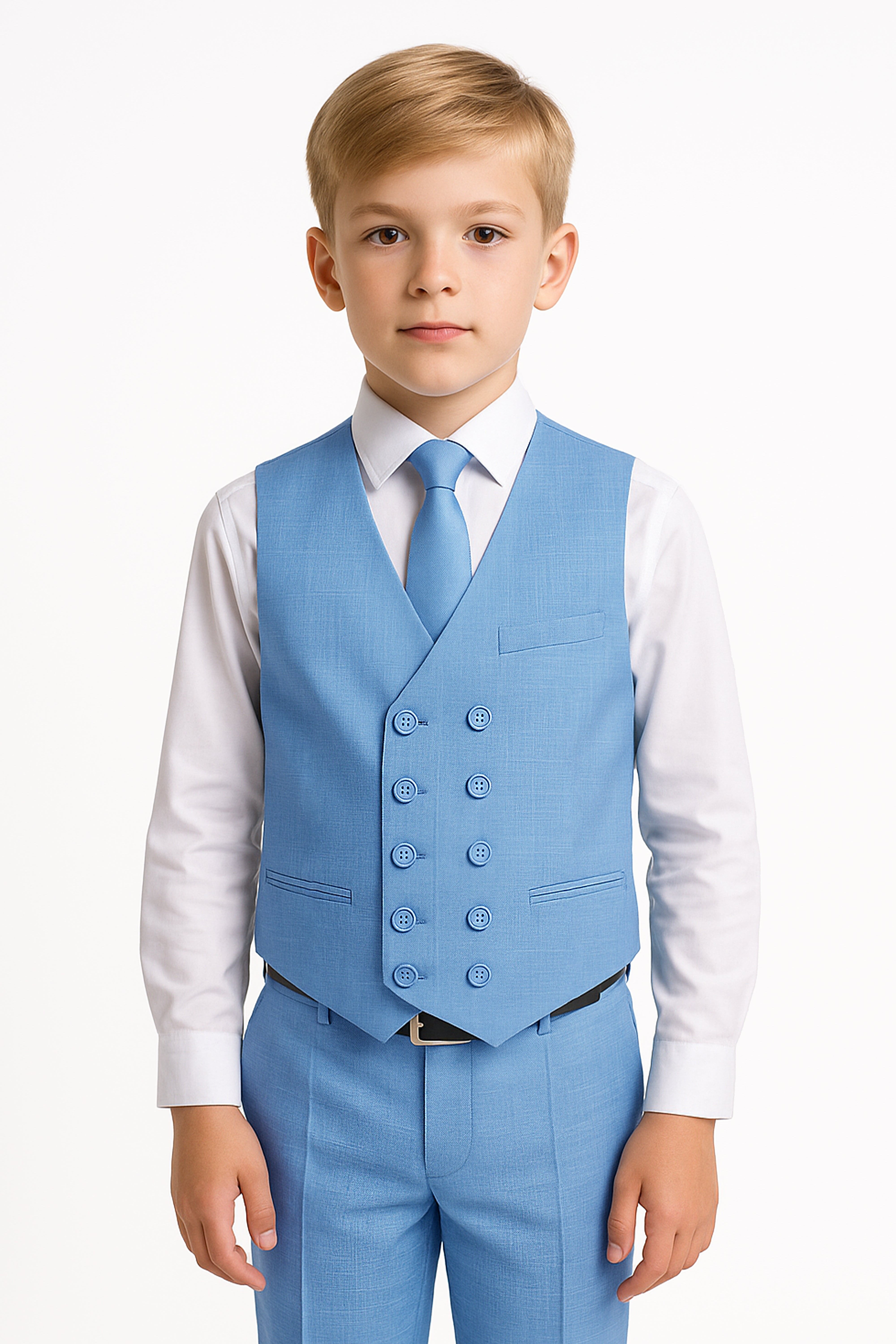 Boys’ 3-Piece Blue Textured Suit with Double Breasted Waistcoat  Front Picture
