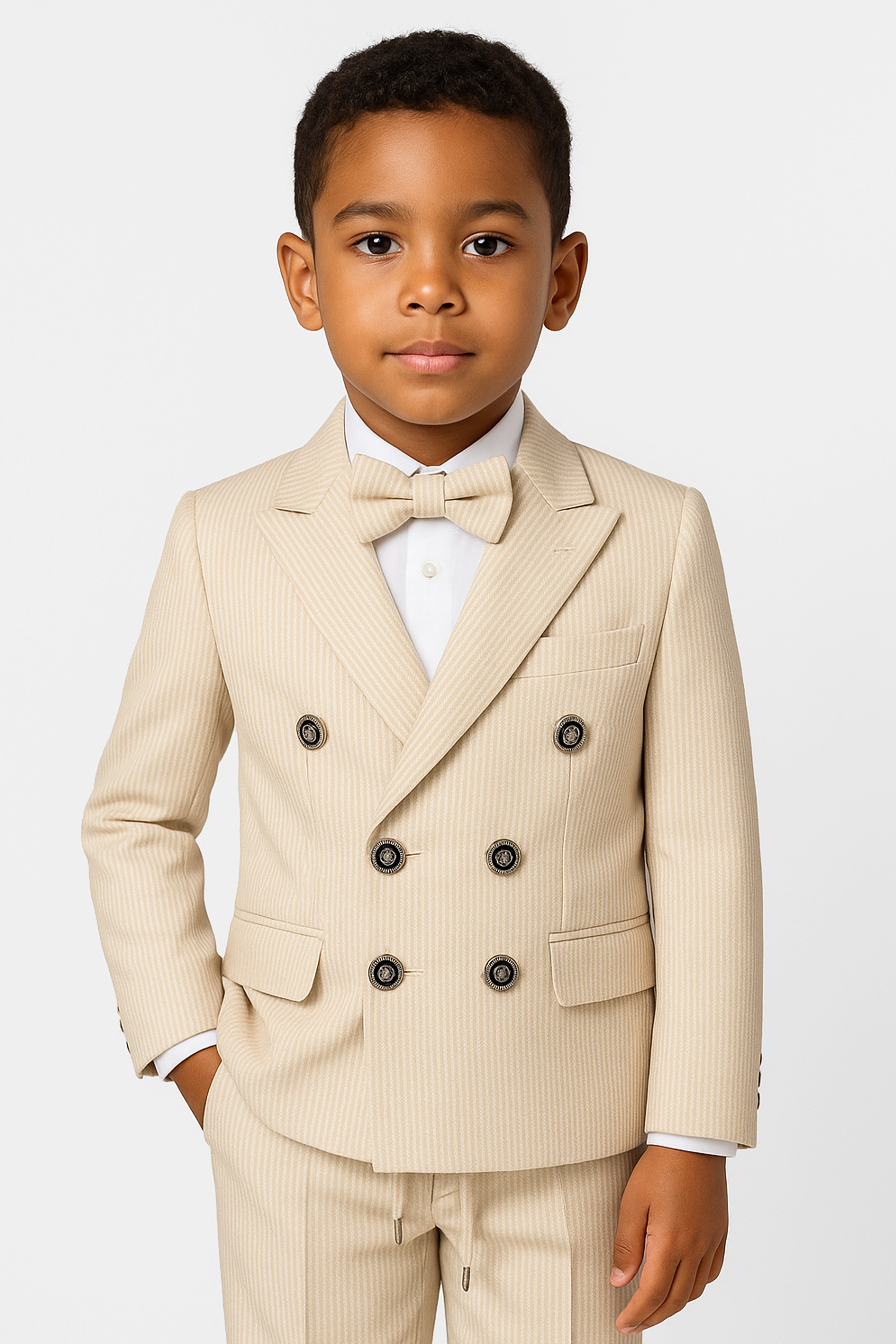 Boys’ 3-Piece Pinstripe Double-Breasted Suit - Cream & Beige Front Picture