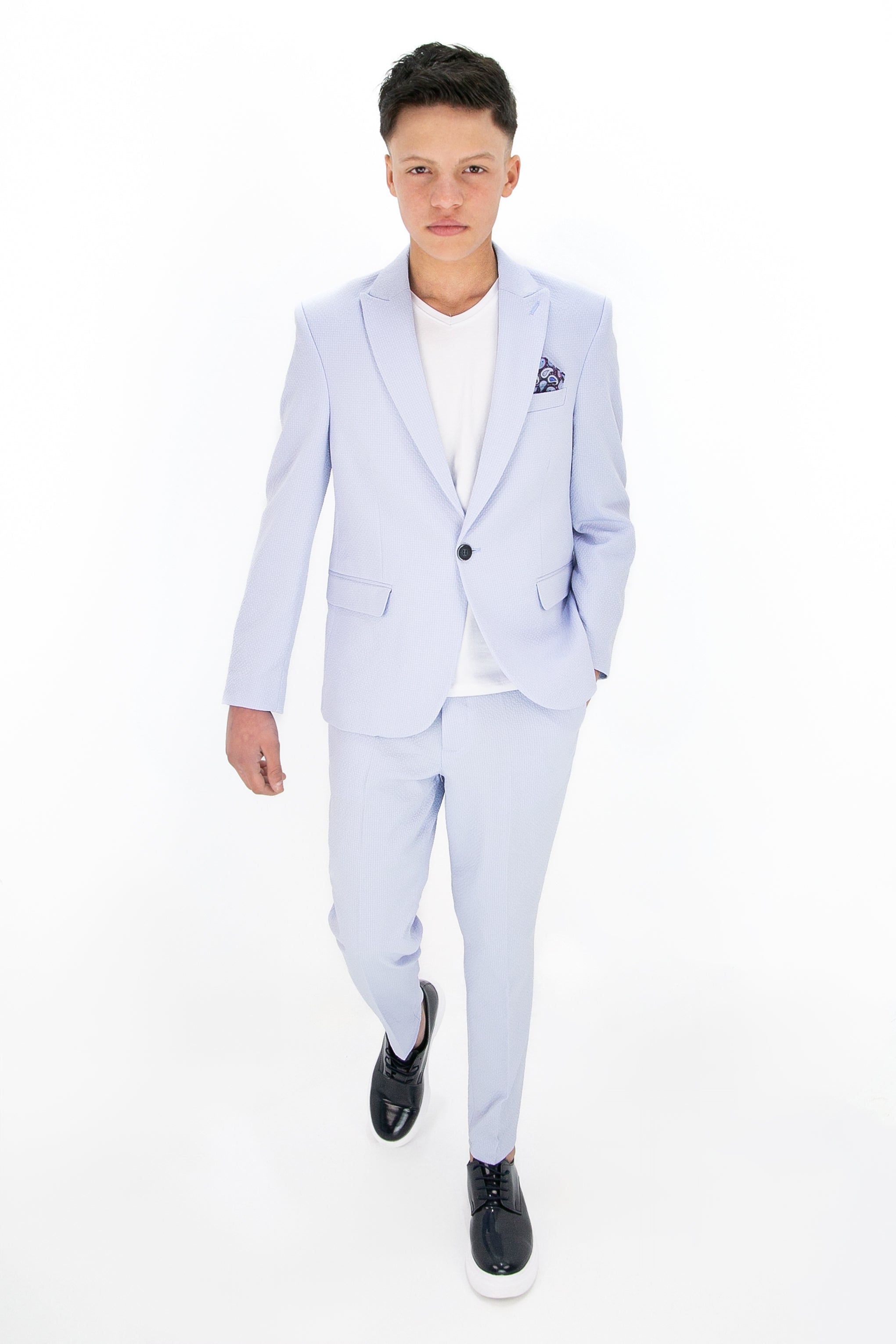 Boys’ 3-Piece Slim Fit Smart Casual Suit - Gofre - Sky Blue Model Front Picture