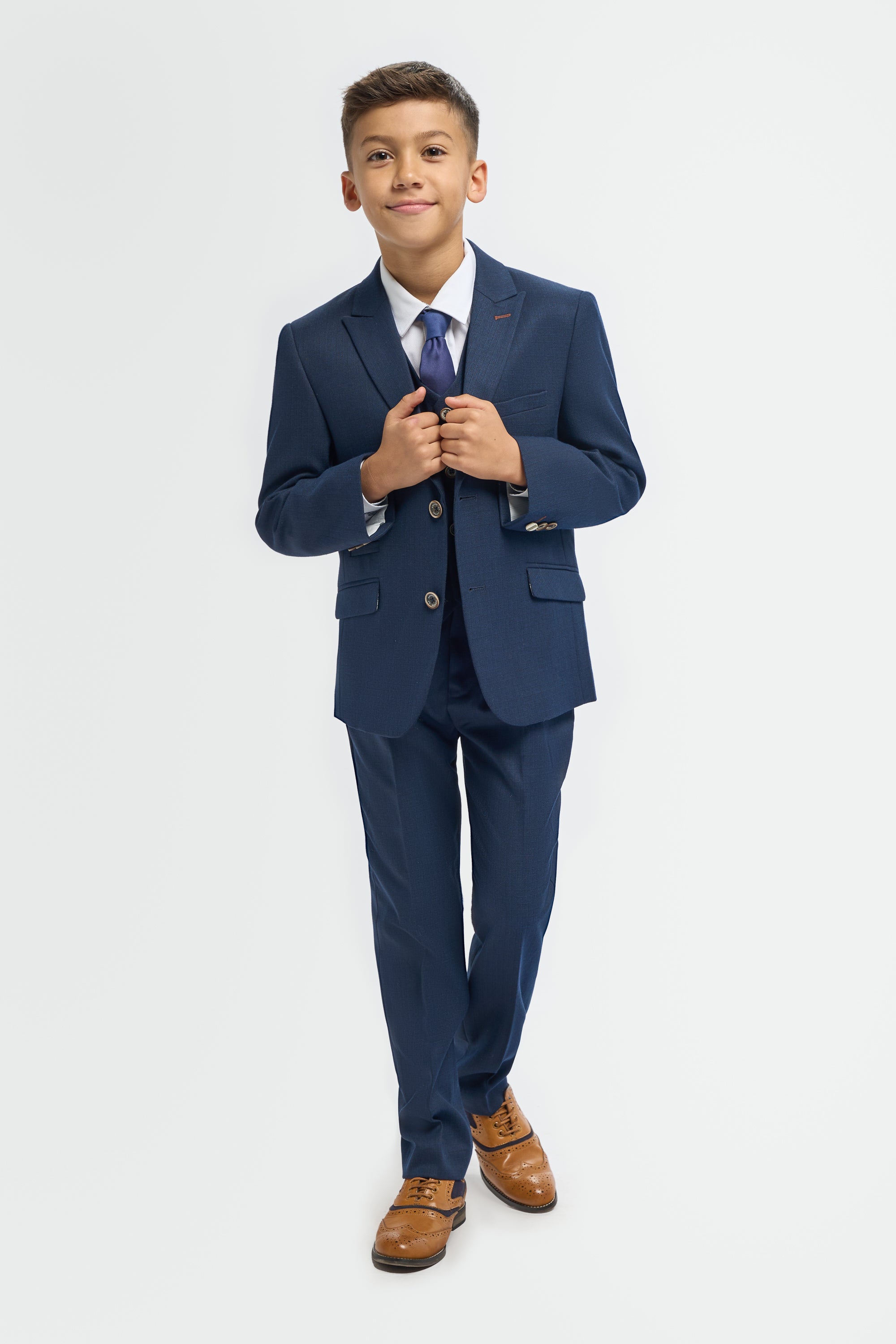 Boys’ 3-Piece Slim Fit Textured Formal Suit - Tropez - Navy Blue Model Front Picture