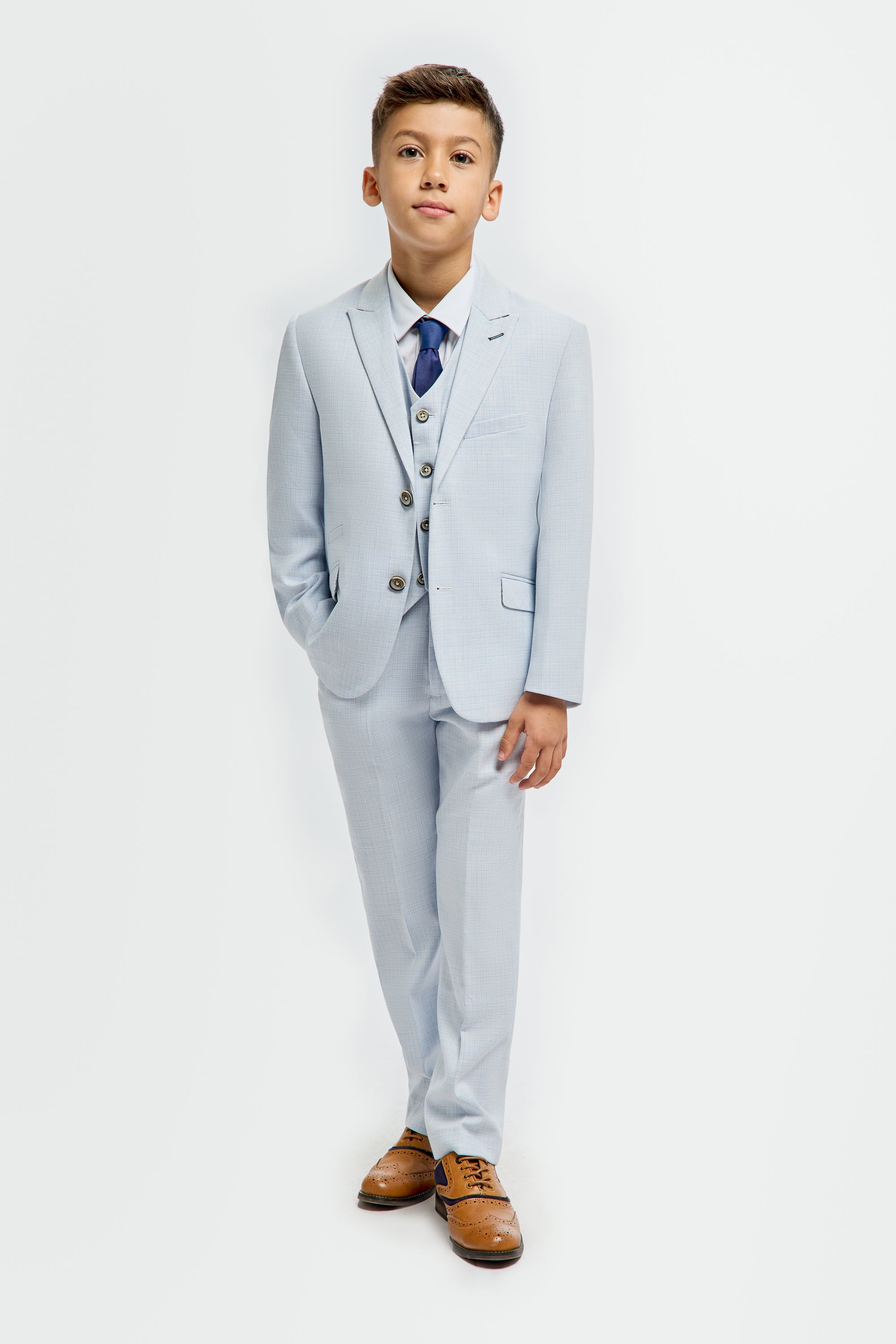 Boys’ 3-Piece Slim Fit Textured Formal Suit - Tropez - Sky Blue Model Front Picture