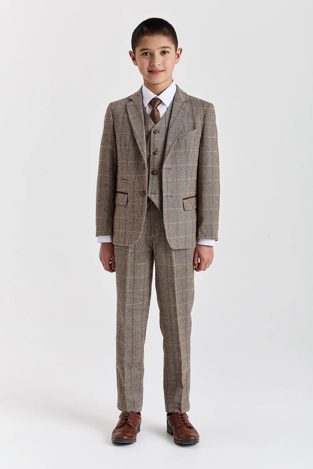 Father & Son Matching 3-Piece Herringbone Windowpane Check Suit - Harris -Brown