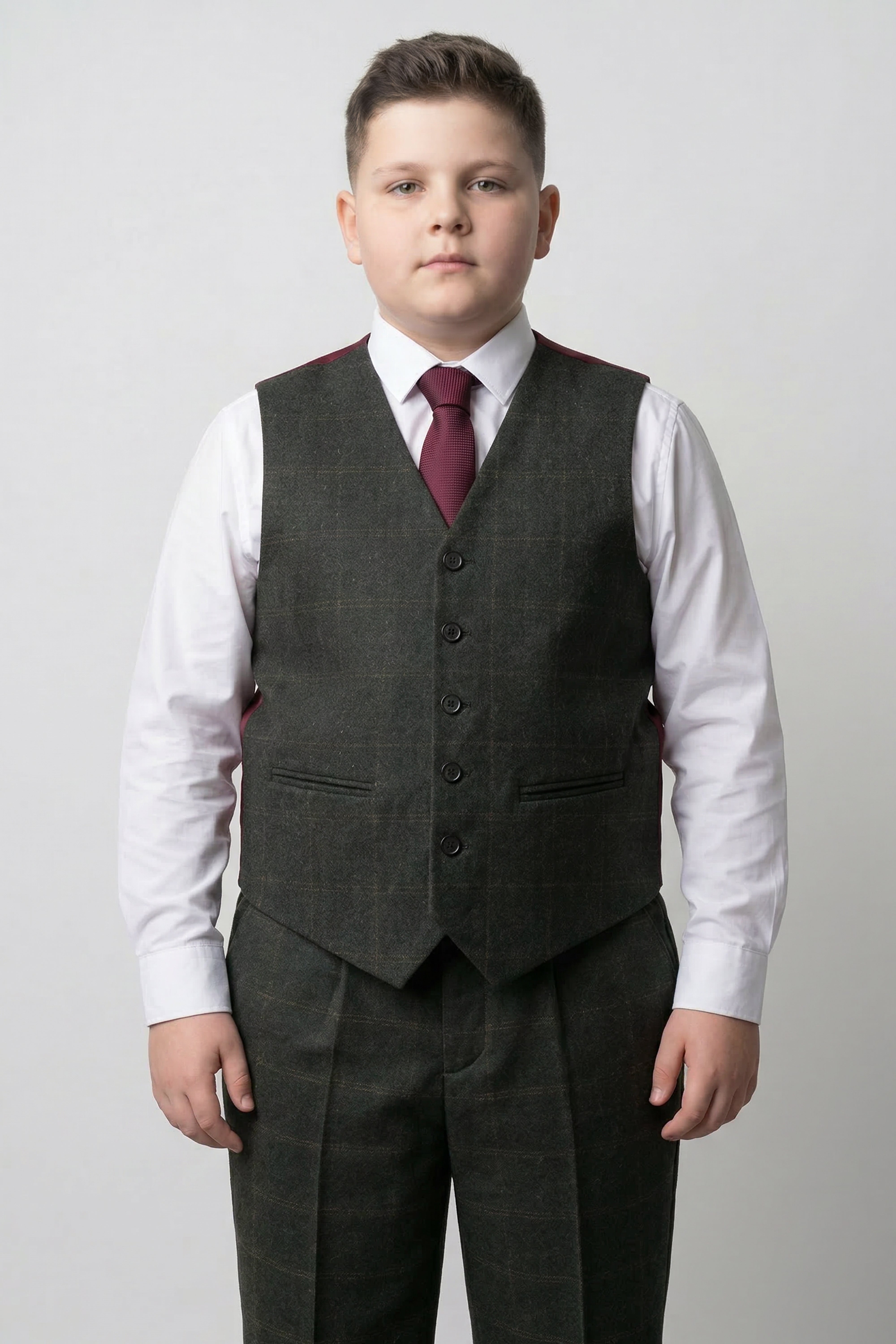 Boys 3-Piece Wool Tweed Windowpane Check Suit - Joshua - Forest Green