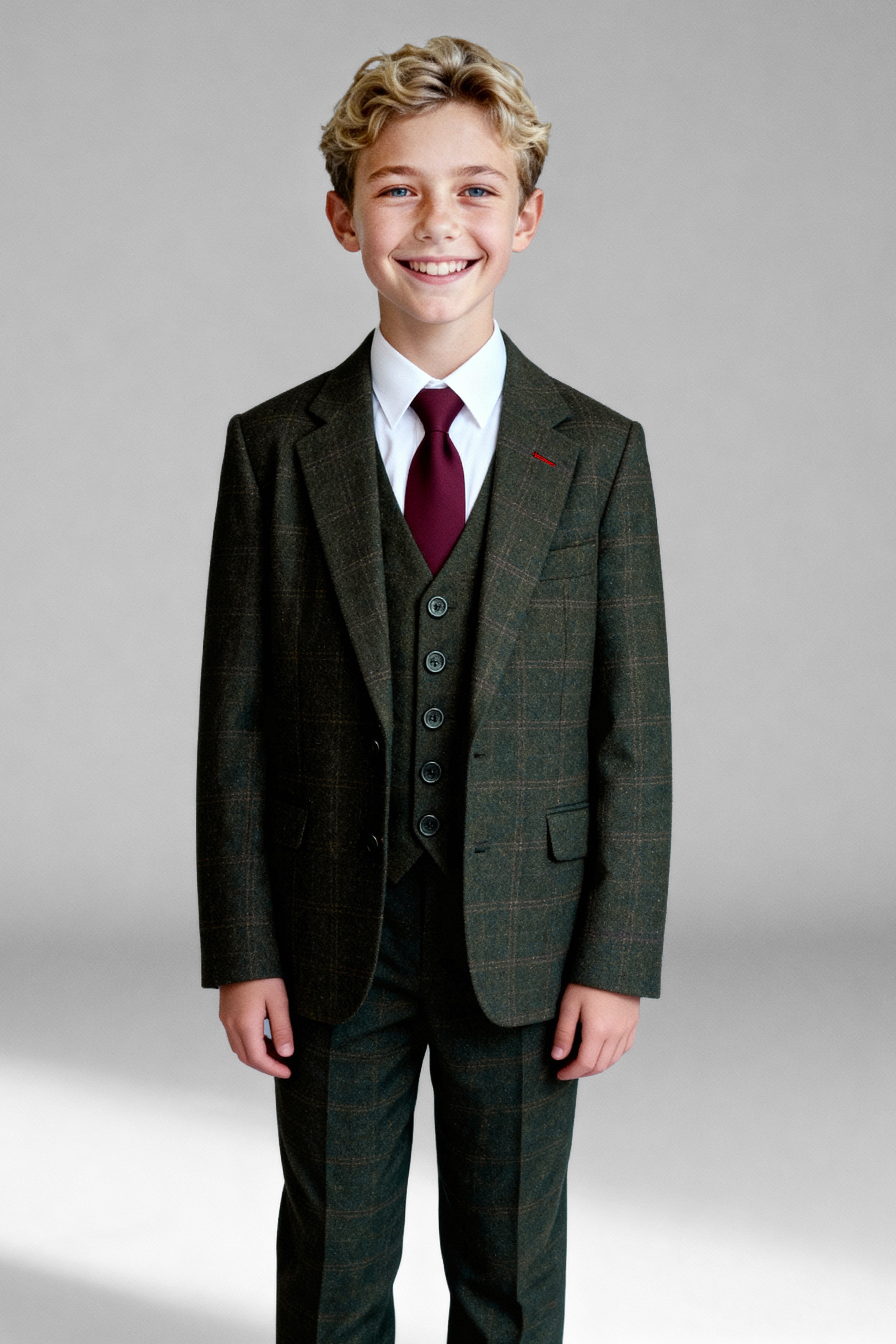 Boys 3-Piece Wool Tweed Windowpane Check Suit - Joshua - Forest Green