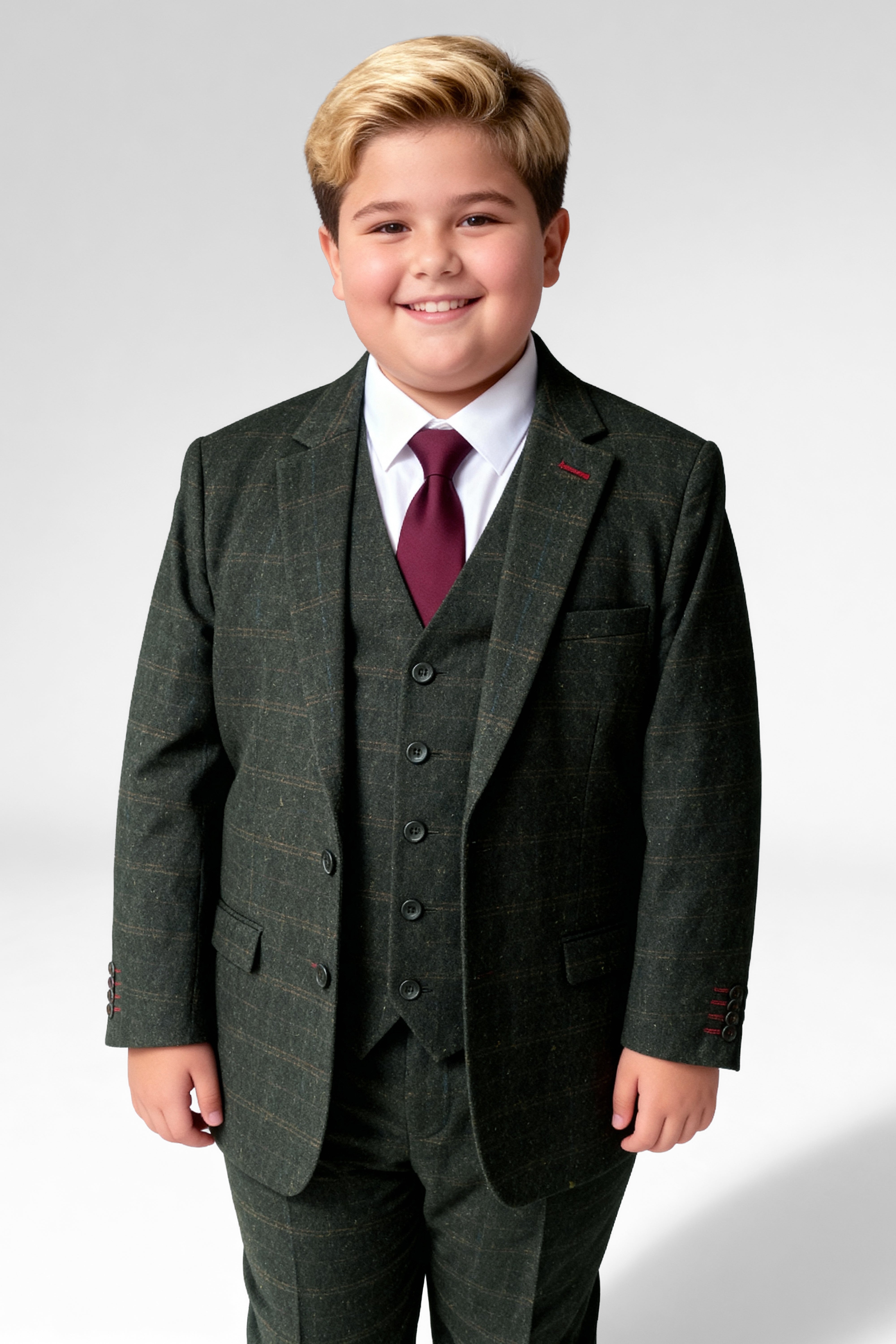 Completo da ragazzo in lana tweed a quadri a finestra 3 pezzi - Joshua - Verde foresta