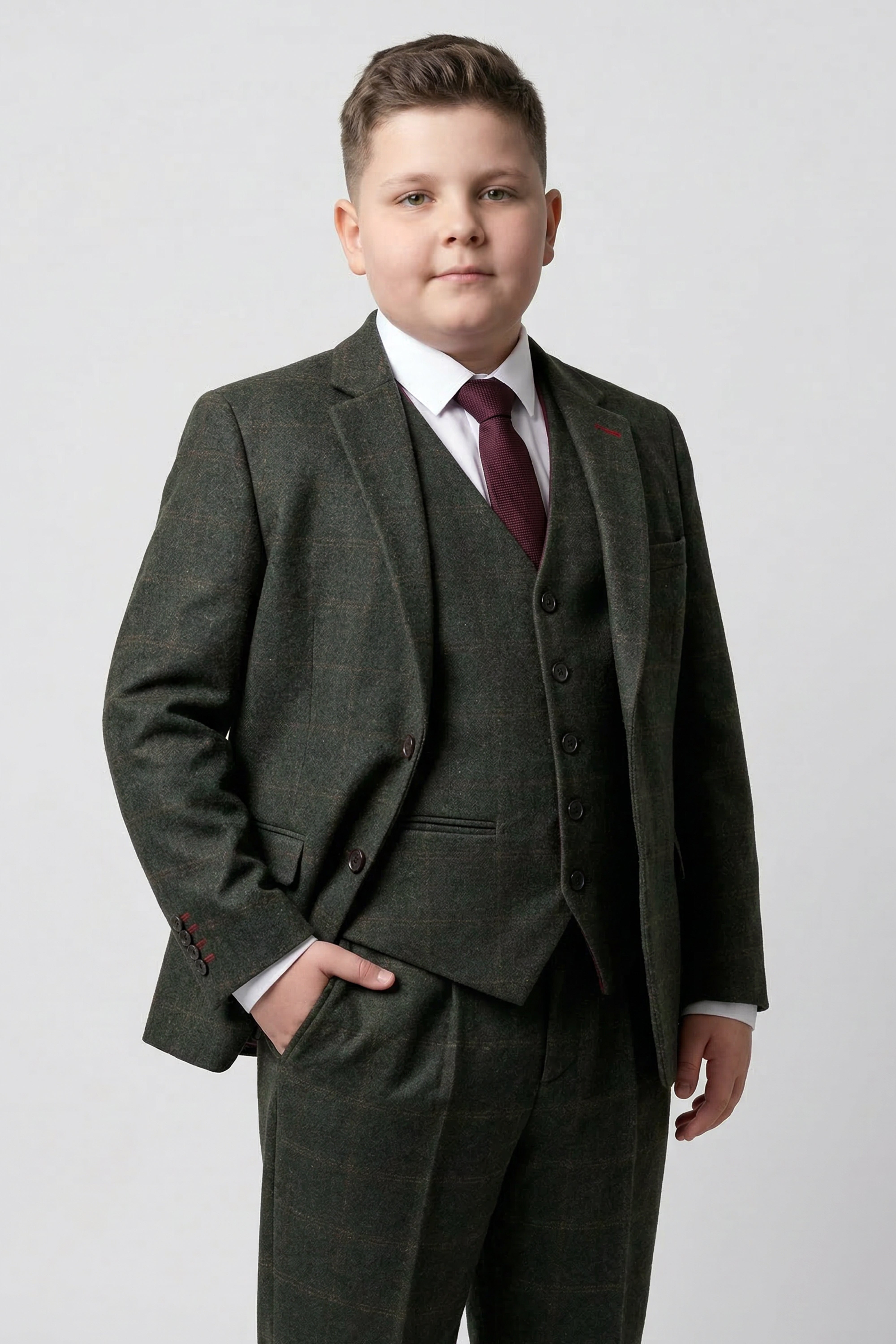 Boys 3-Piece Wool Tweed Windowpane Check Suit - Joshua - Forest Green
