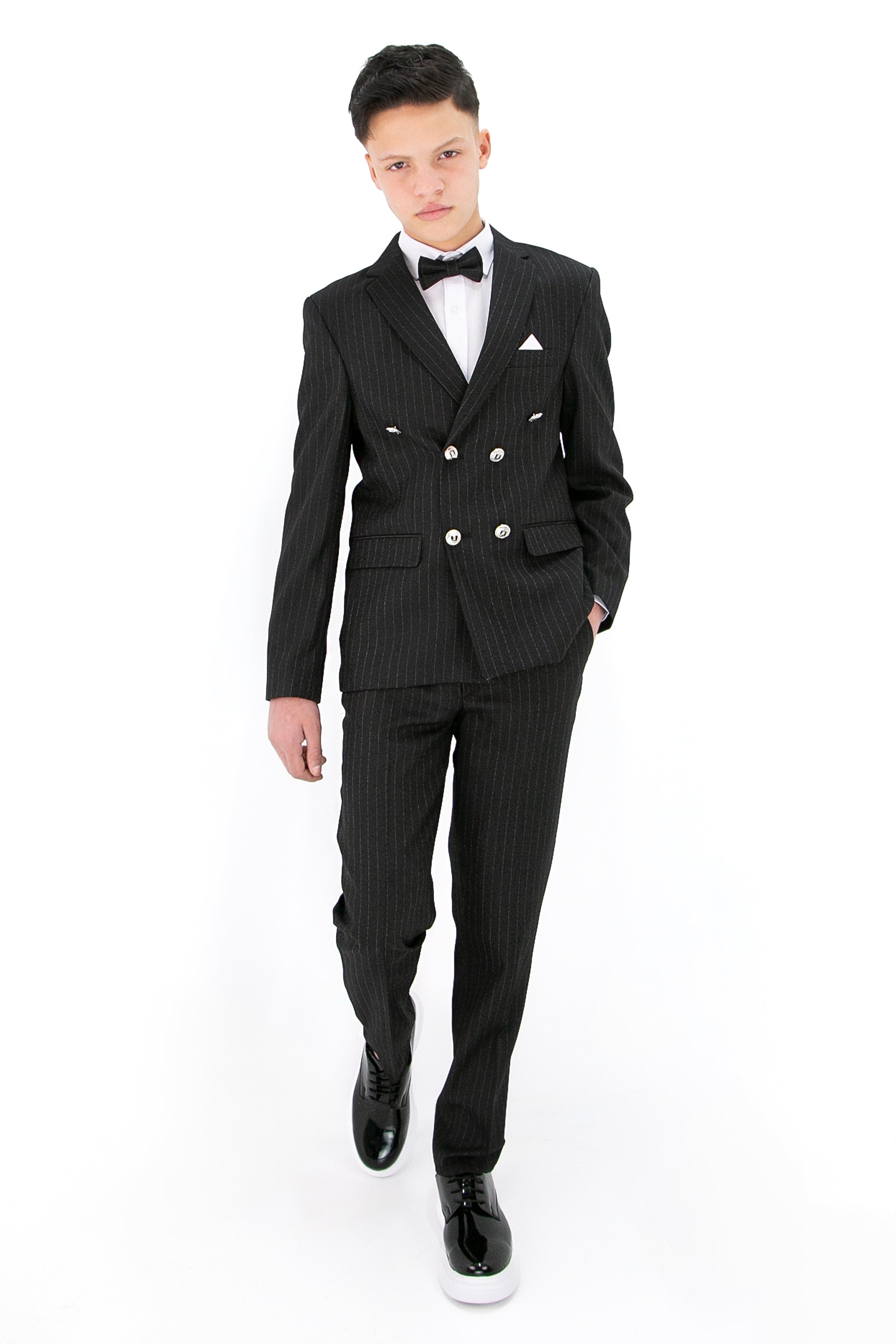 Boys’ 4-Piece Black Double Breasted Striped Suit Model Front Picture