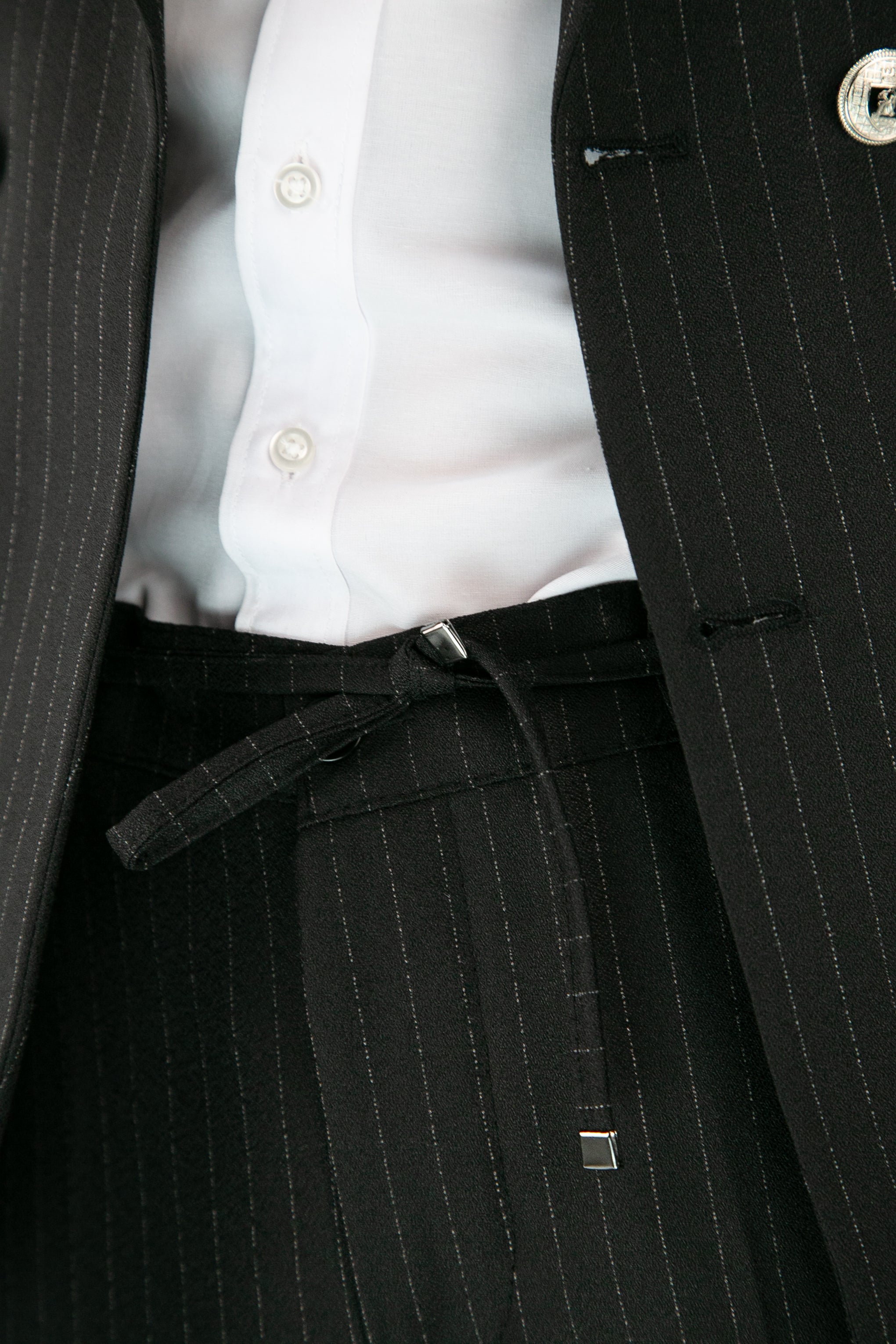 Boys’ 4-Piece Black Double Breasted Striped Suit Detail Picture