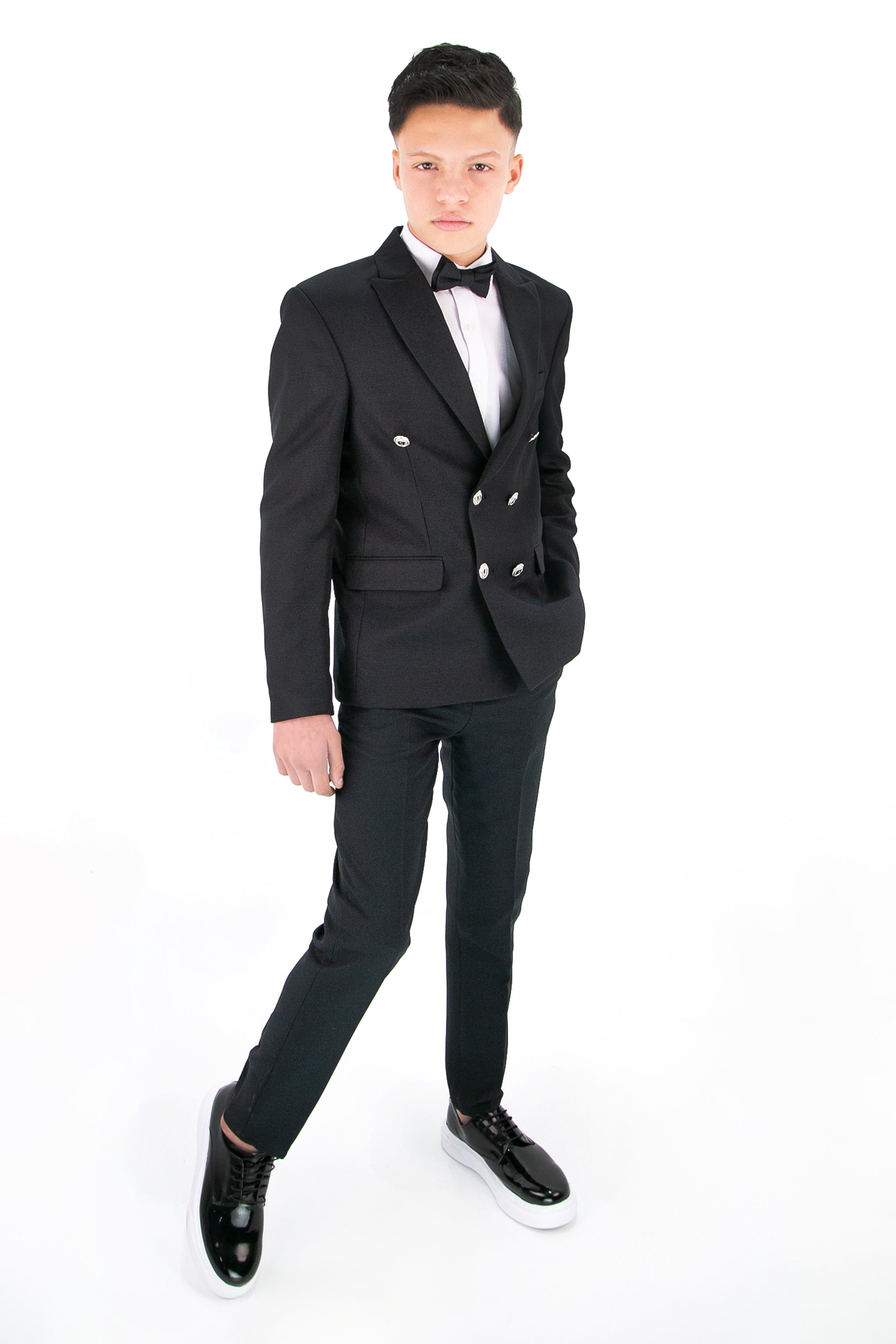 Boys’ 4-Piece Textured Double Breasted Formal Suit - Montero Black Front Picture