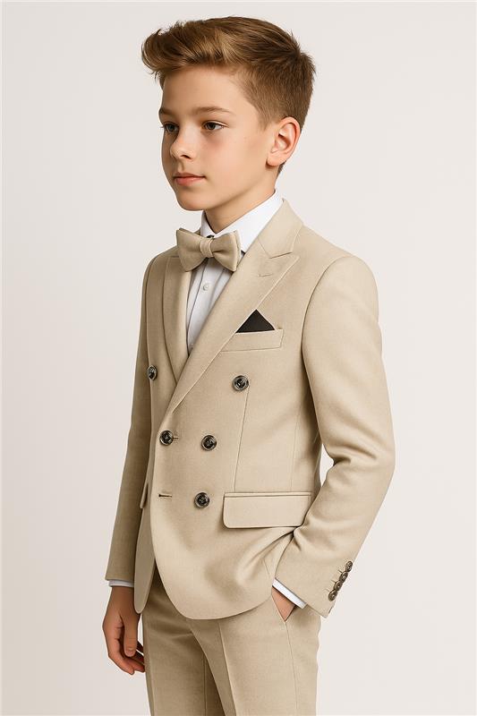  Boys’ 4-Piece Textured Double Breasted Formal Suit - Montero Cream Side Picture