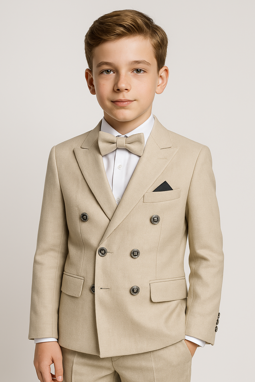  Boys’ 4-Piece Textured Double Breasted Formal Suit - Montero Cream Model Picture