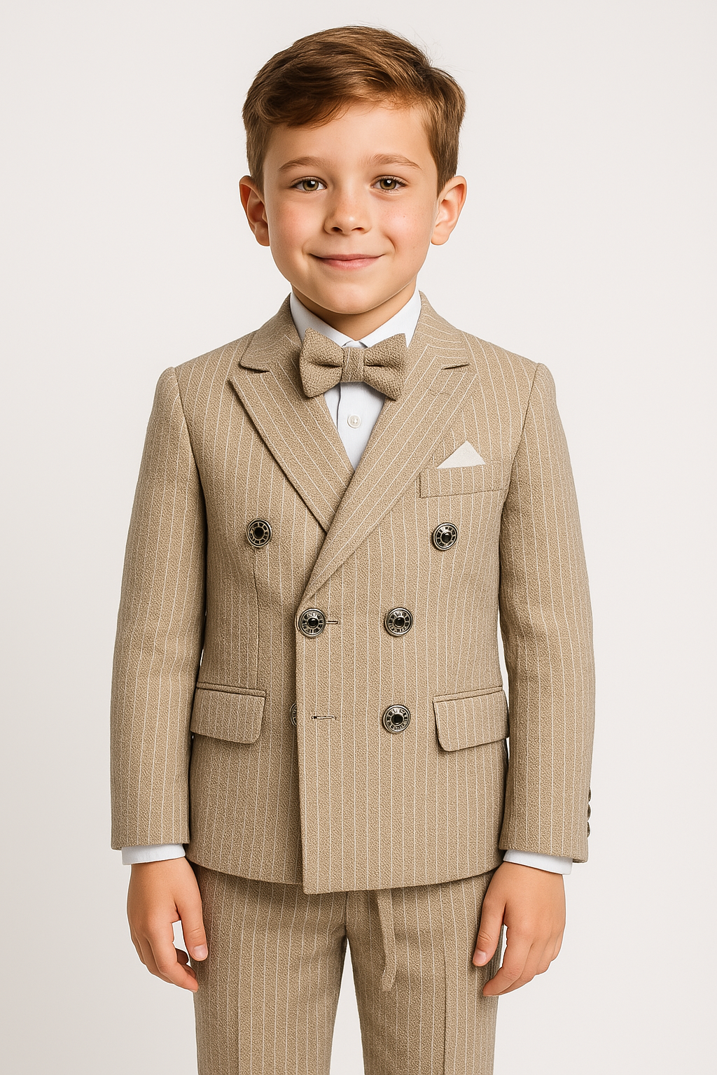Boys’ 4-Piece Textured Pinstripe Double-Breasted Suit  - Camel BeigeFront Picture