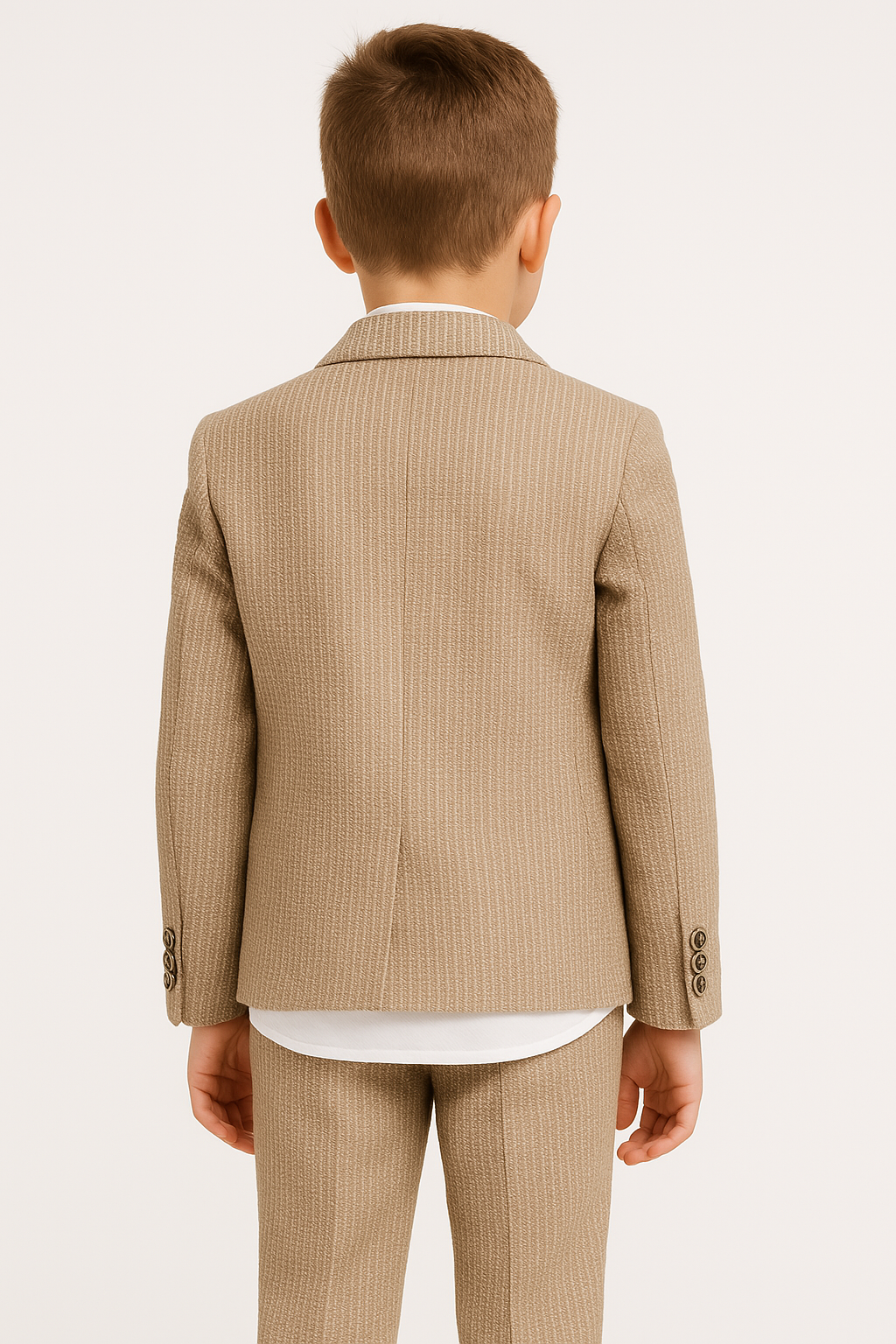 Boys’ 4-Piece Textured Pinstripe Double-Breasted Suit  - Camel Beige Back Picture