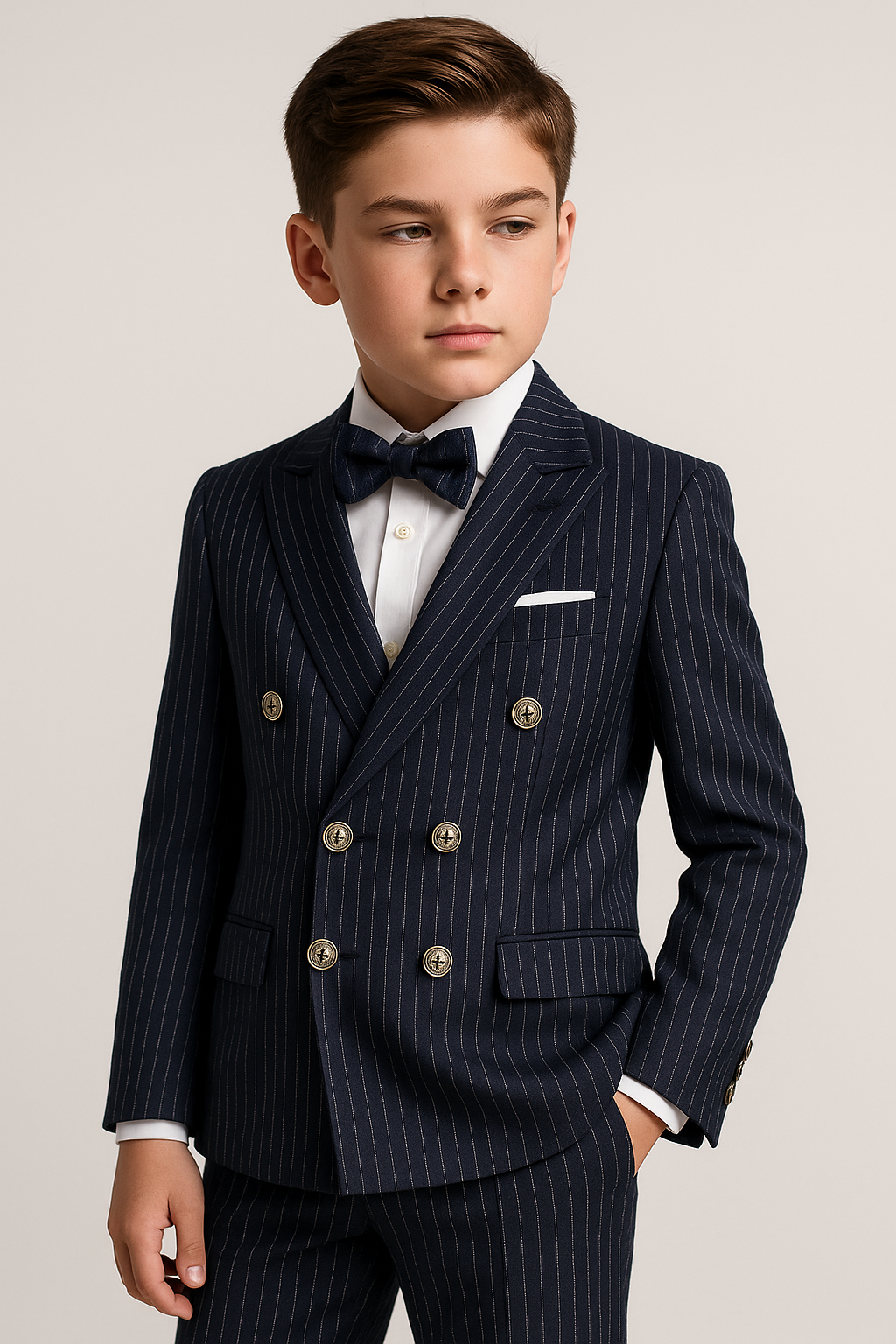 Boys’ 4-Piece Textured Pinstripe Double-Breasted Suit  - Navy Bue Model Picture