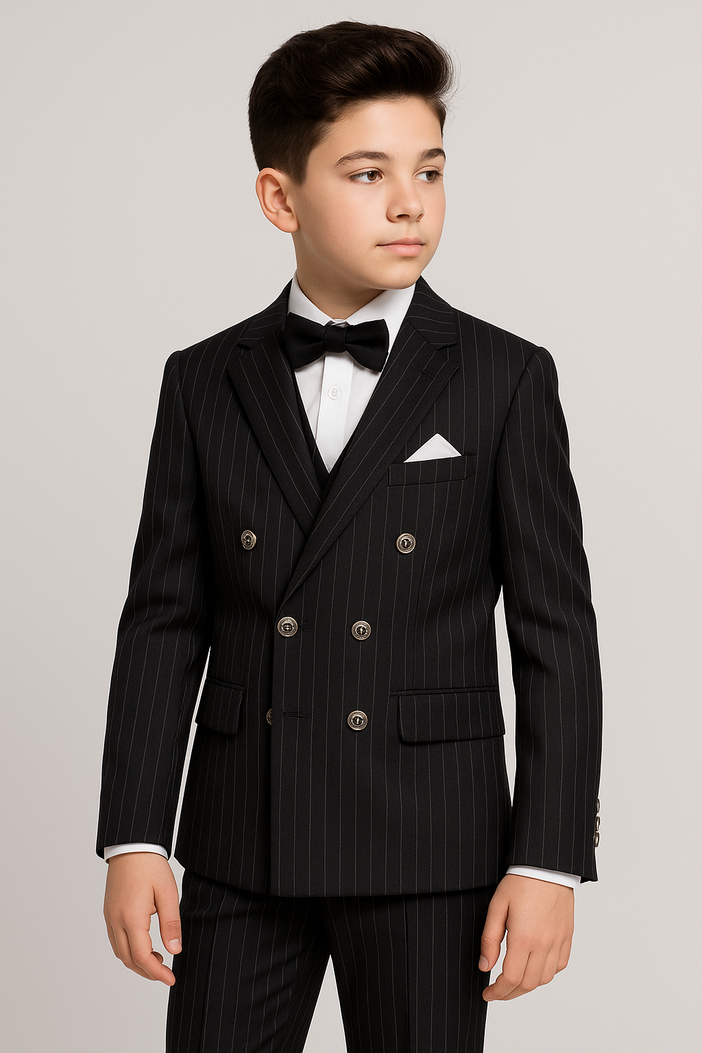 Boys’ 4-Piece Double Breasted Pinstripe Suit - Black Front Picture