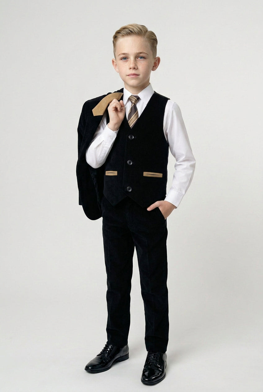 Boys' 5-Piece Corduroy Slim Fit Formal Suit Set for Weddings & Special Occasions - 16T Black
