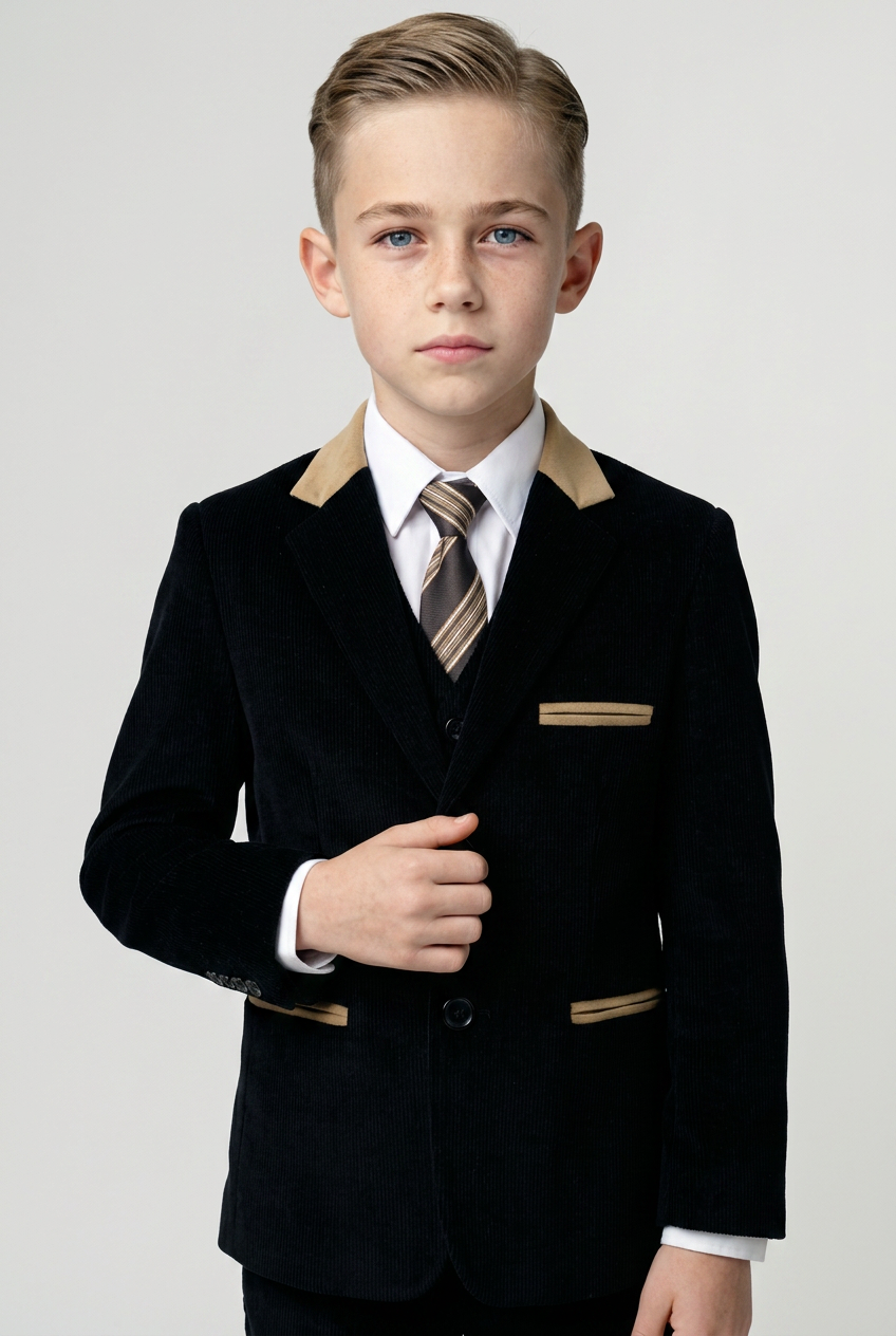 Boys' 5-Piece Corduroy Slim Fit Formal Suit Set for Weddings & Special Occasions - 16T Black