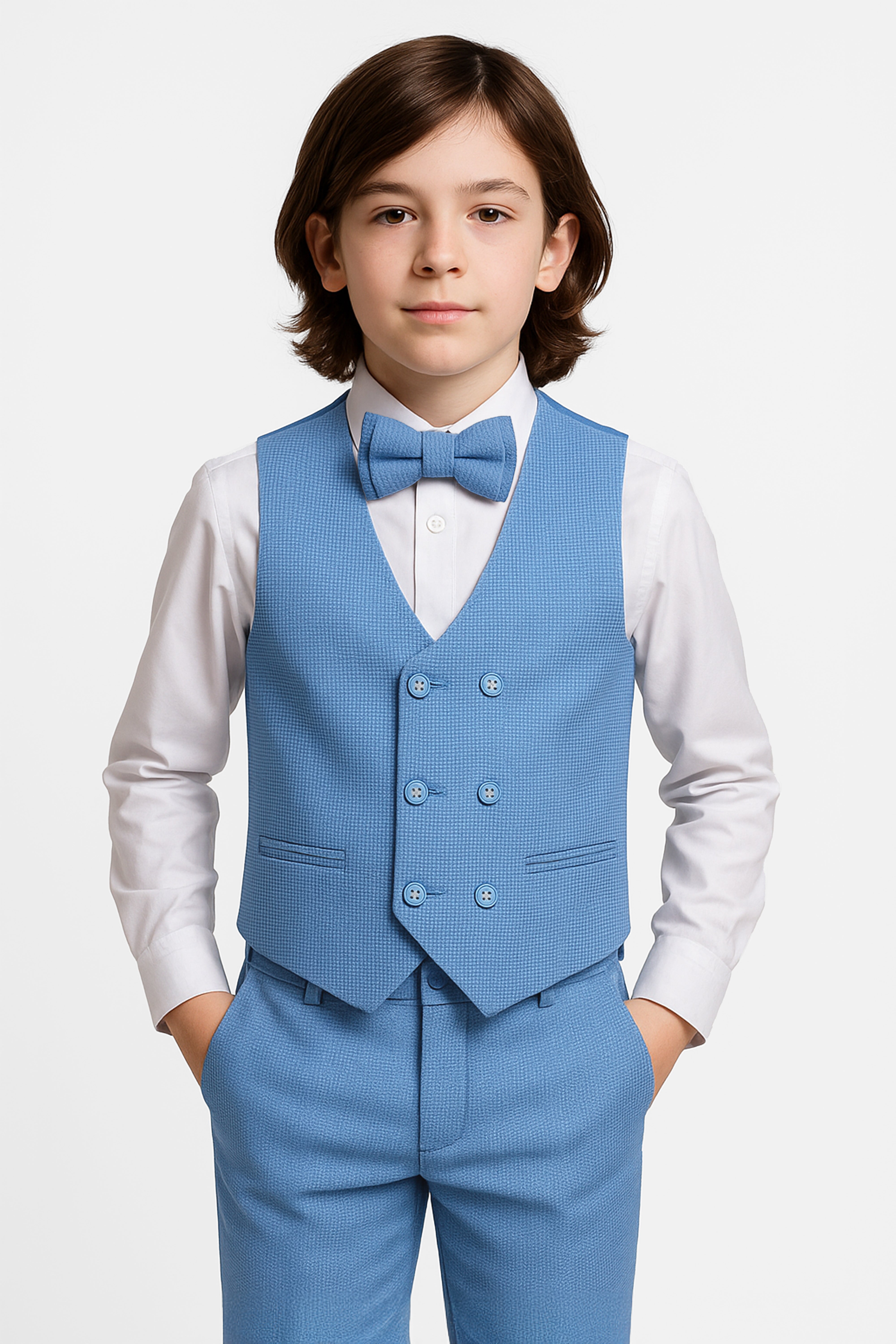 Boys' 5-Piece Textured Double Breasted Waistcoat Suit - MATRIX - Baby Blue Front Picture