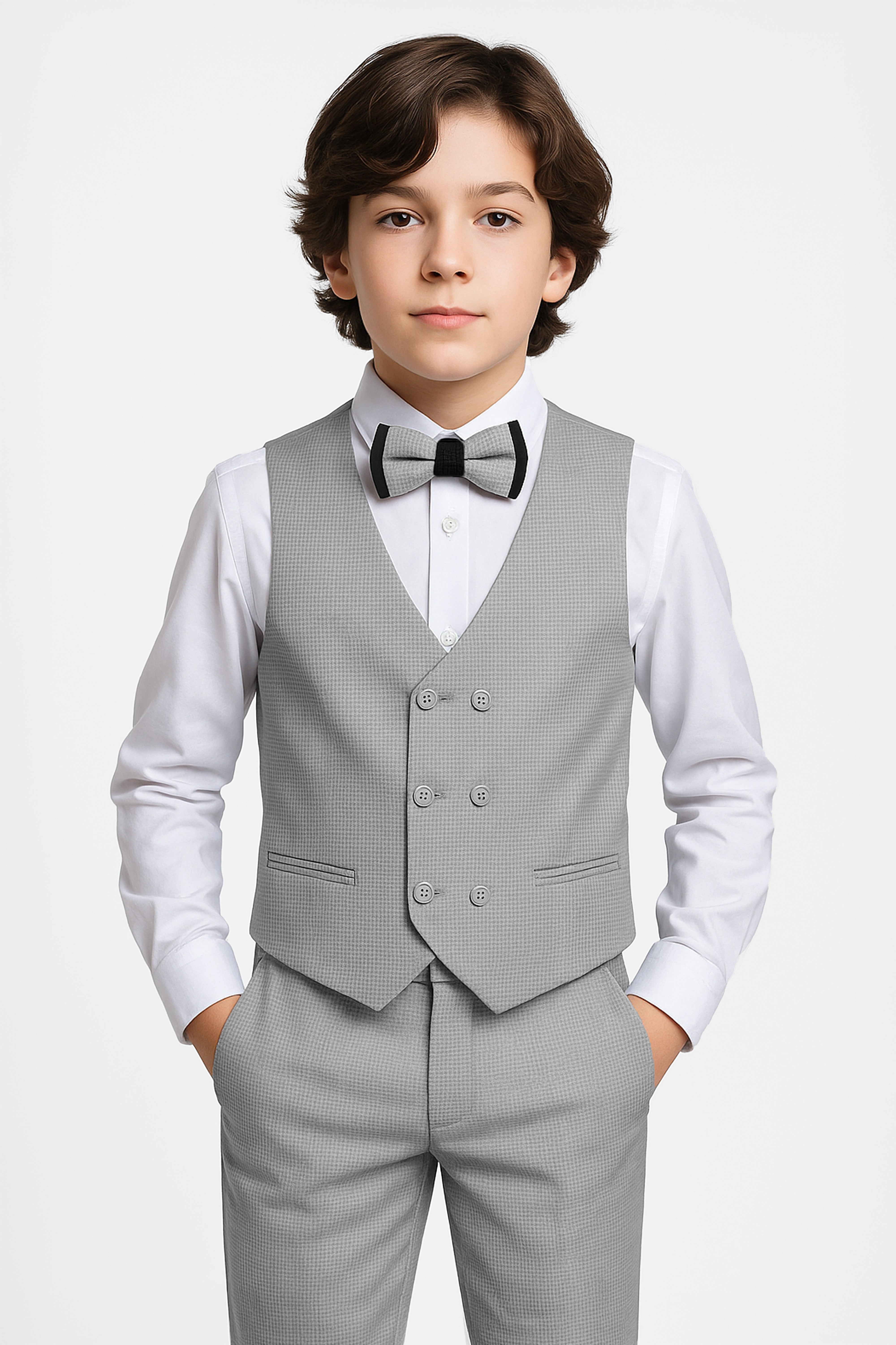Boys' 5-Piece Textured Double Breasted Waistcoat Suit - MATRIX - Grey Model Picture