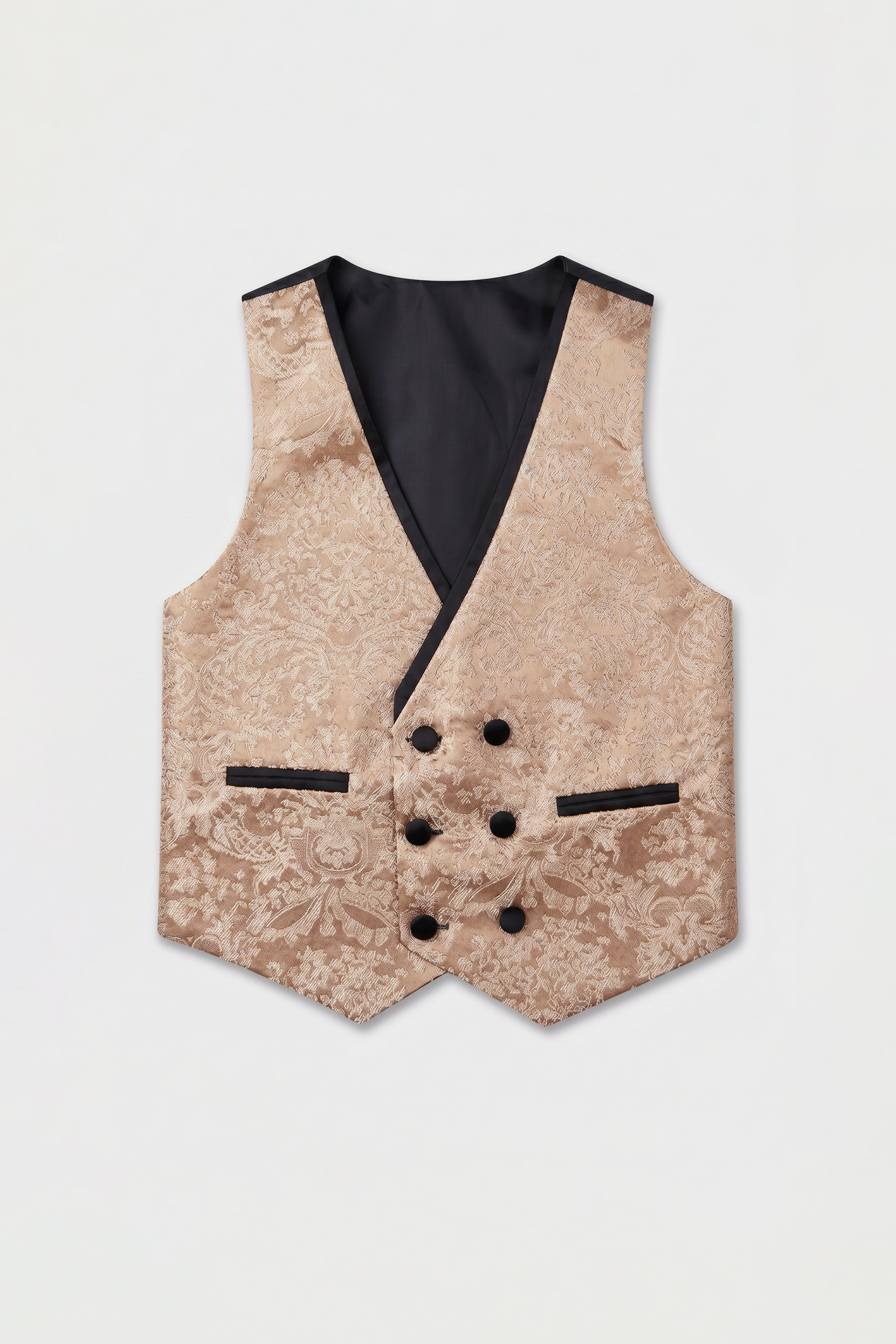 Boys 5-Piece Floral Jacquard Tuxedo Suit with Double Breasted Waistcoat - Gold