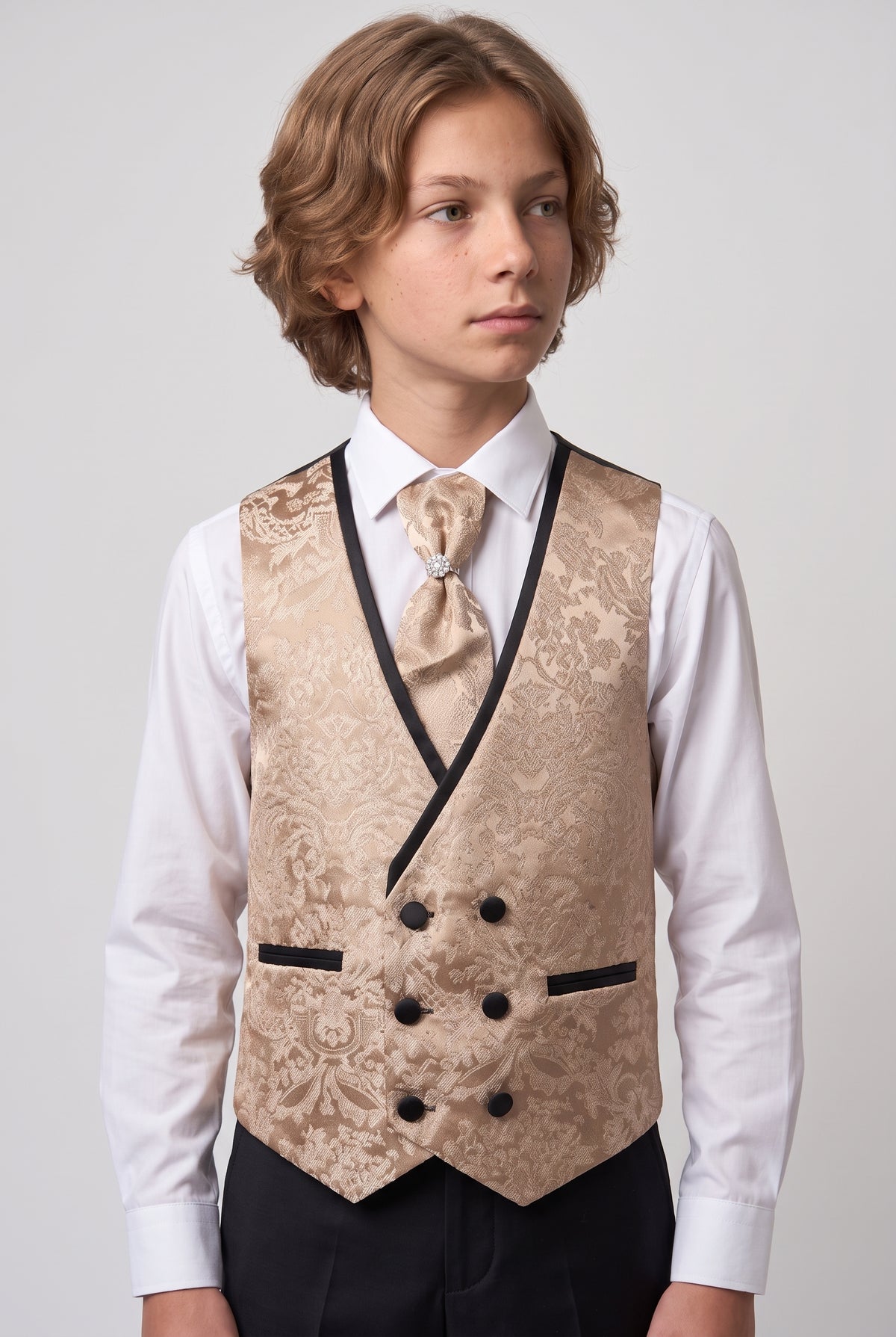 Boys 5-Piece Floral Jacquard Tuxedo Suit with Double Breasted Waistcoat - Gold
