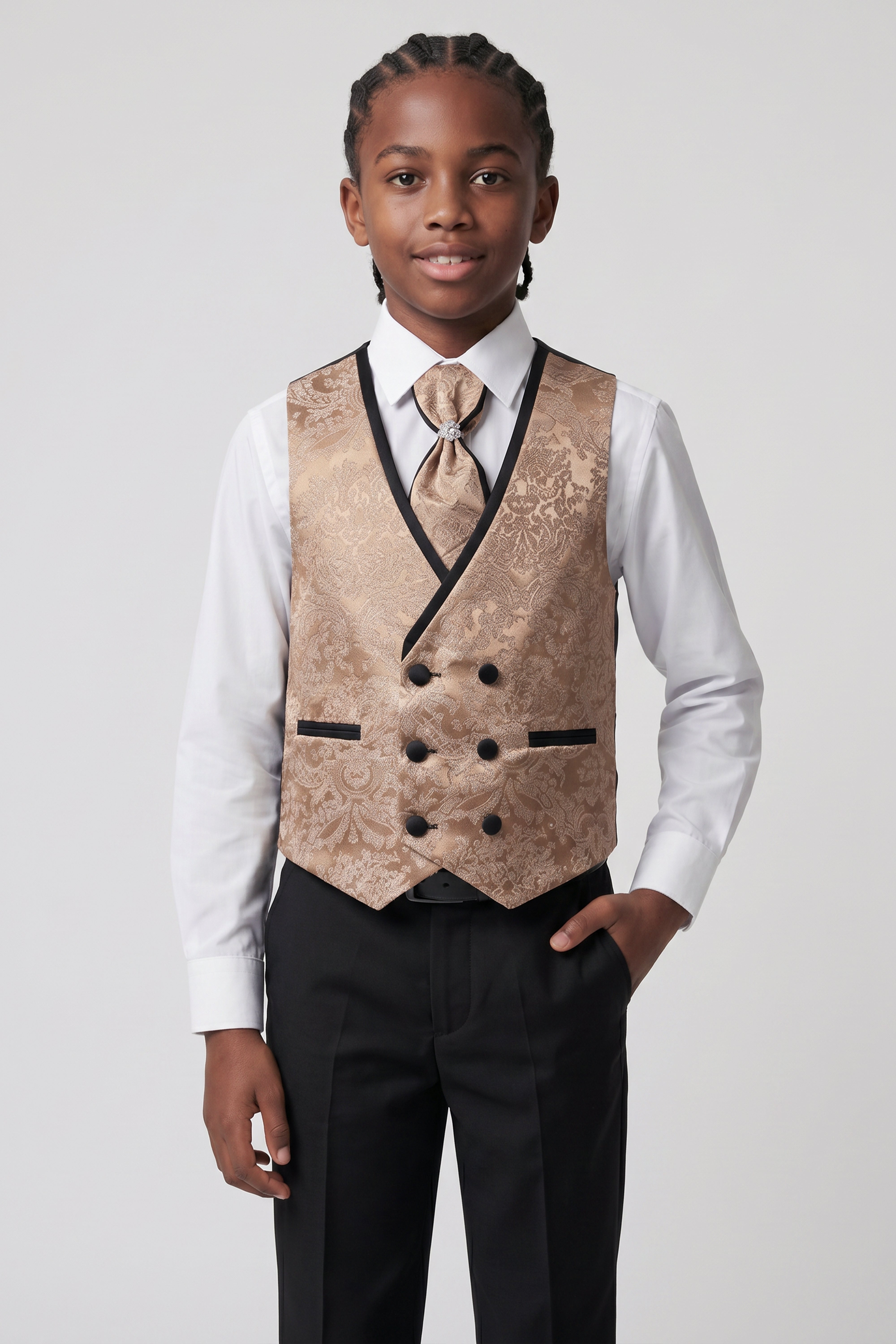 Boys 5-Piece Floral Jacquard Tuxedo Suit with Double Breasted Waistcoat - Gold