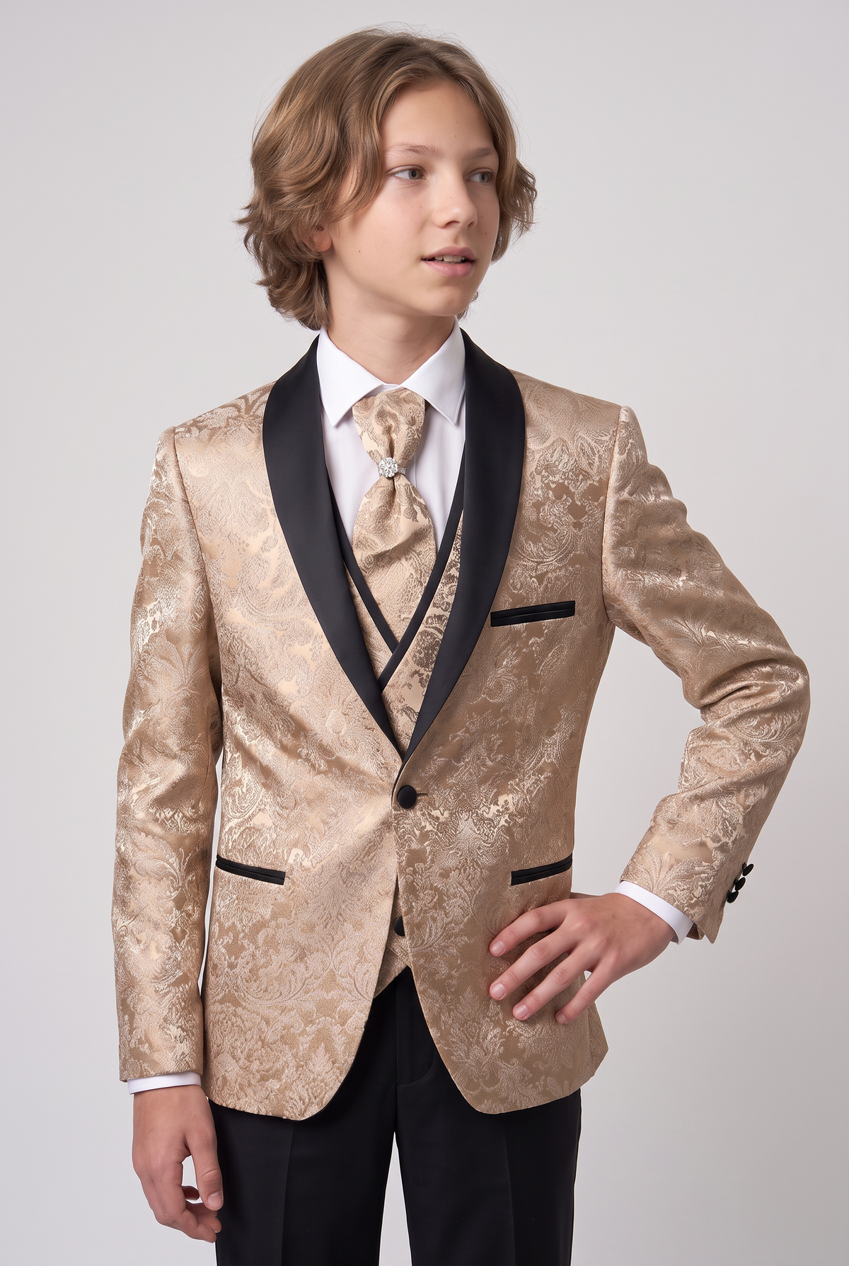 Boys 5-Piece Floral Jacquard Tuxedo Suit with Double Breasted Waistcoat - Gold
