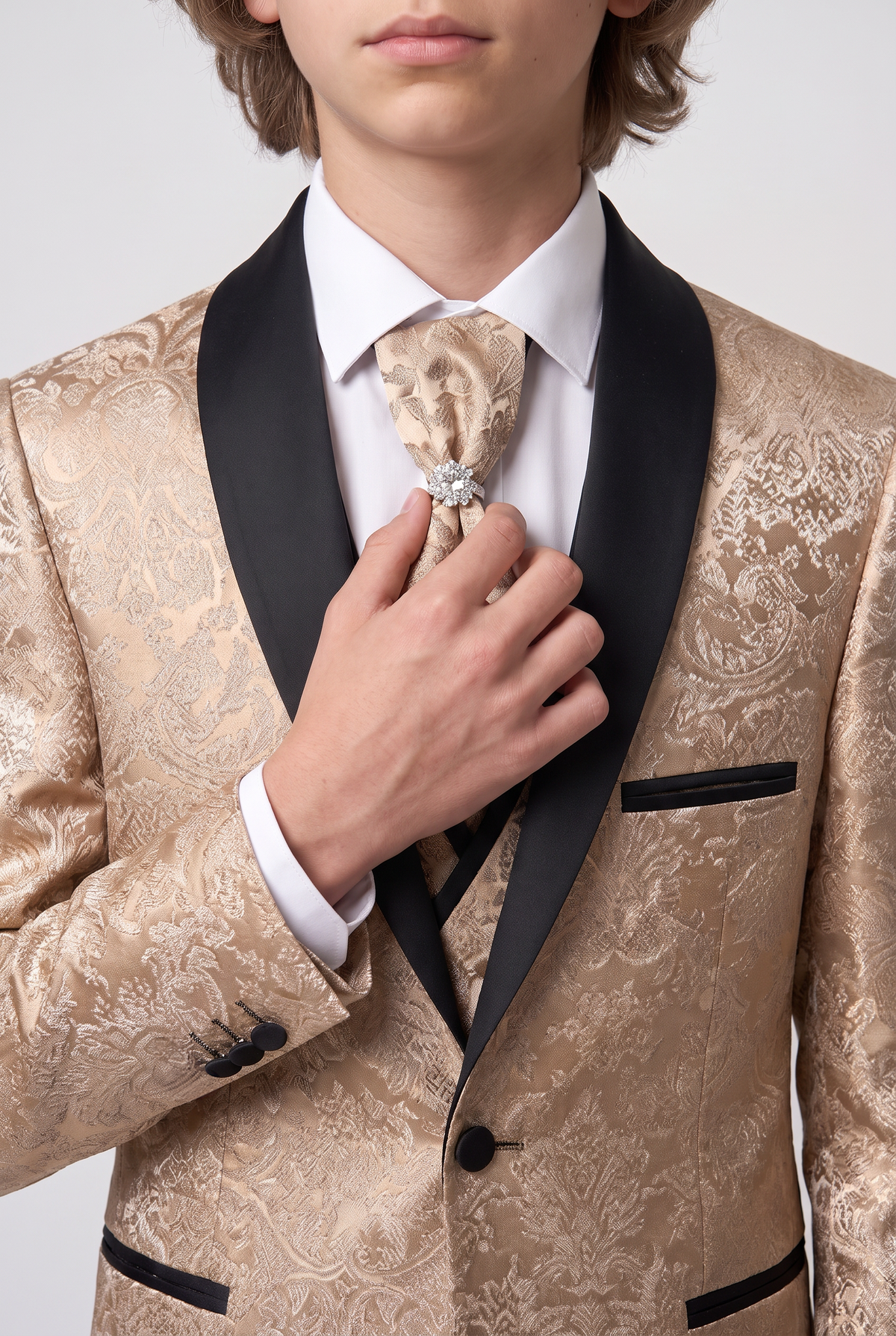 Boys 5-Piece Floral Jacquard Tuxedo Suit with Double Breasted Waistcoat - Gold