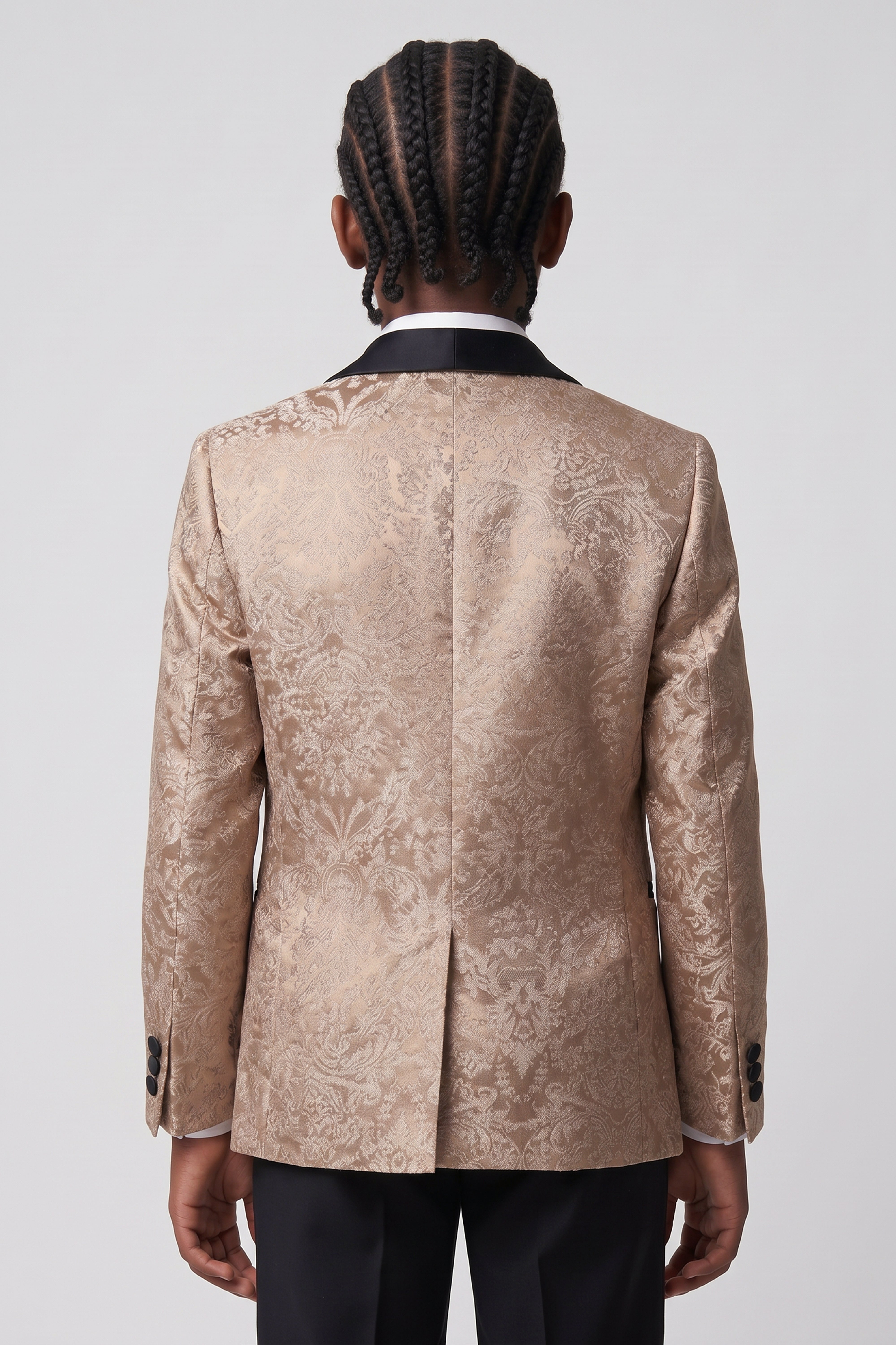 Boys 5-Piece Floral Jacquard Tuxedo Suit with Double Breasted Waistcoat - Gold