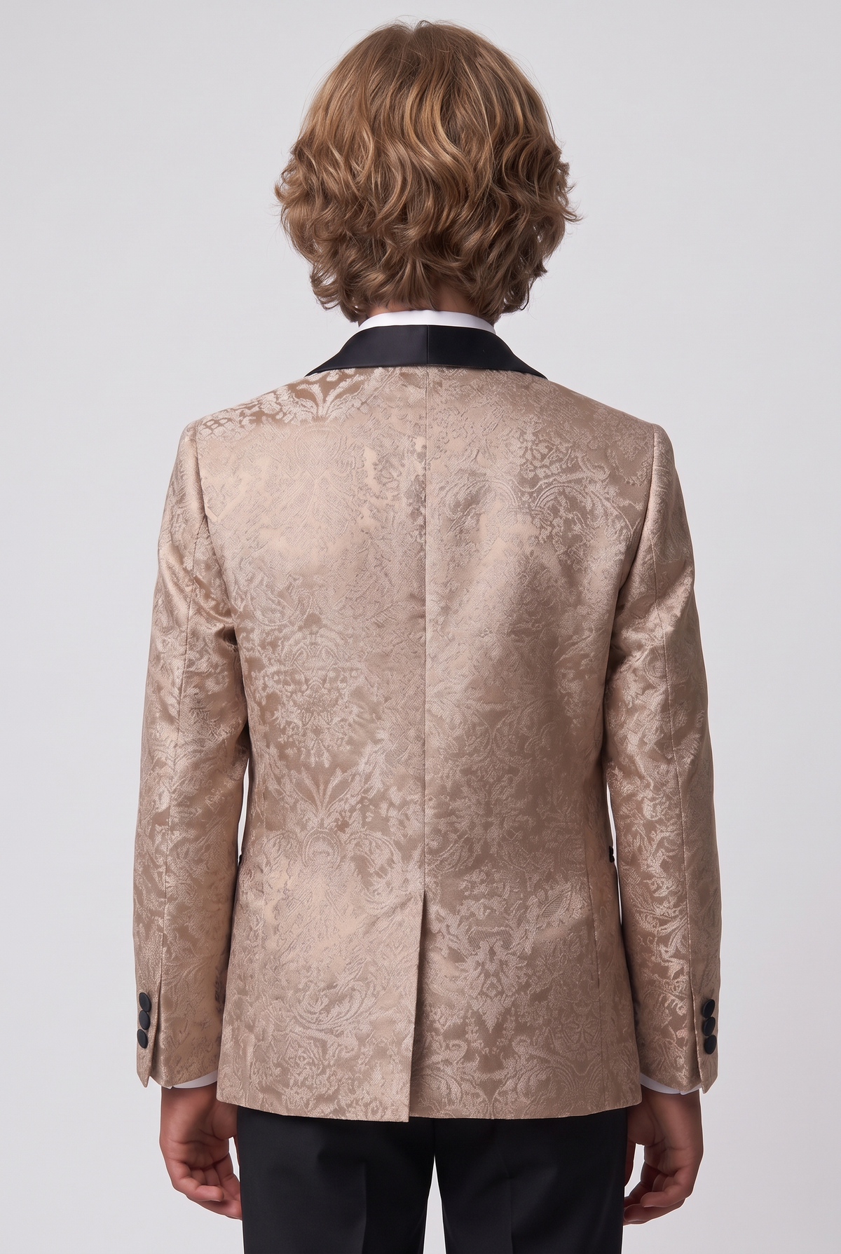 Boys 5-Piece Floral Jacquard Tuxedo Suit with Double Breasted Waistcoat - Gold