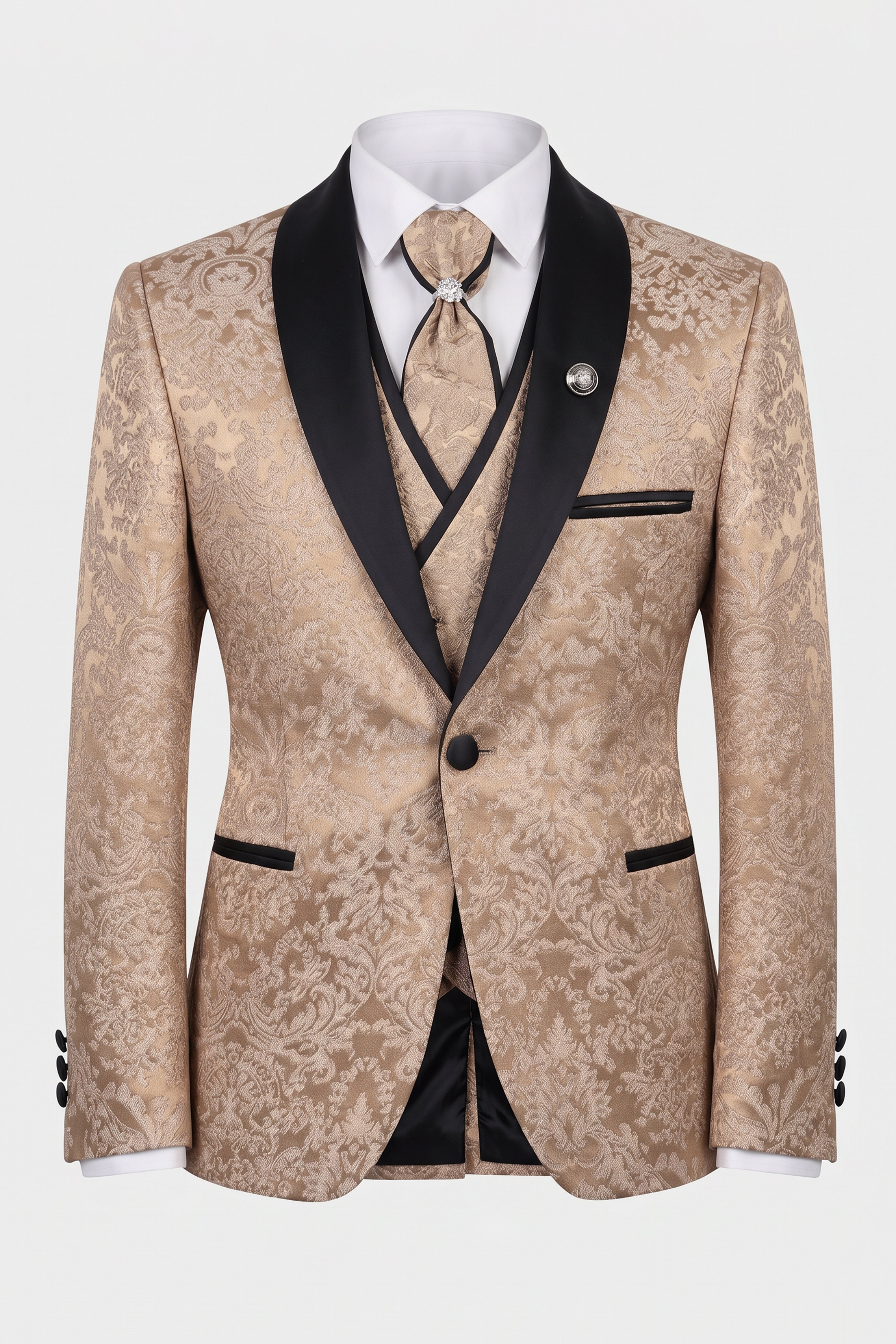 Boys 5-Piece Floral Jacquard Tuxedo Suit with Double Breasted Waistcoat - Gold
